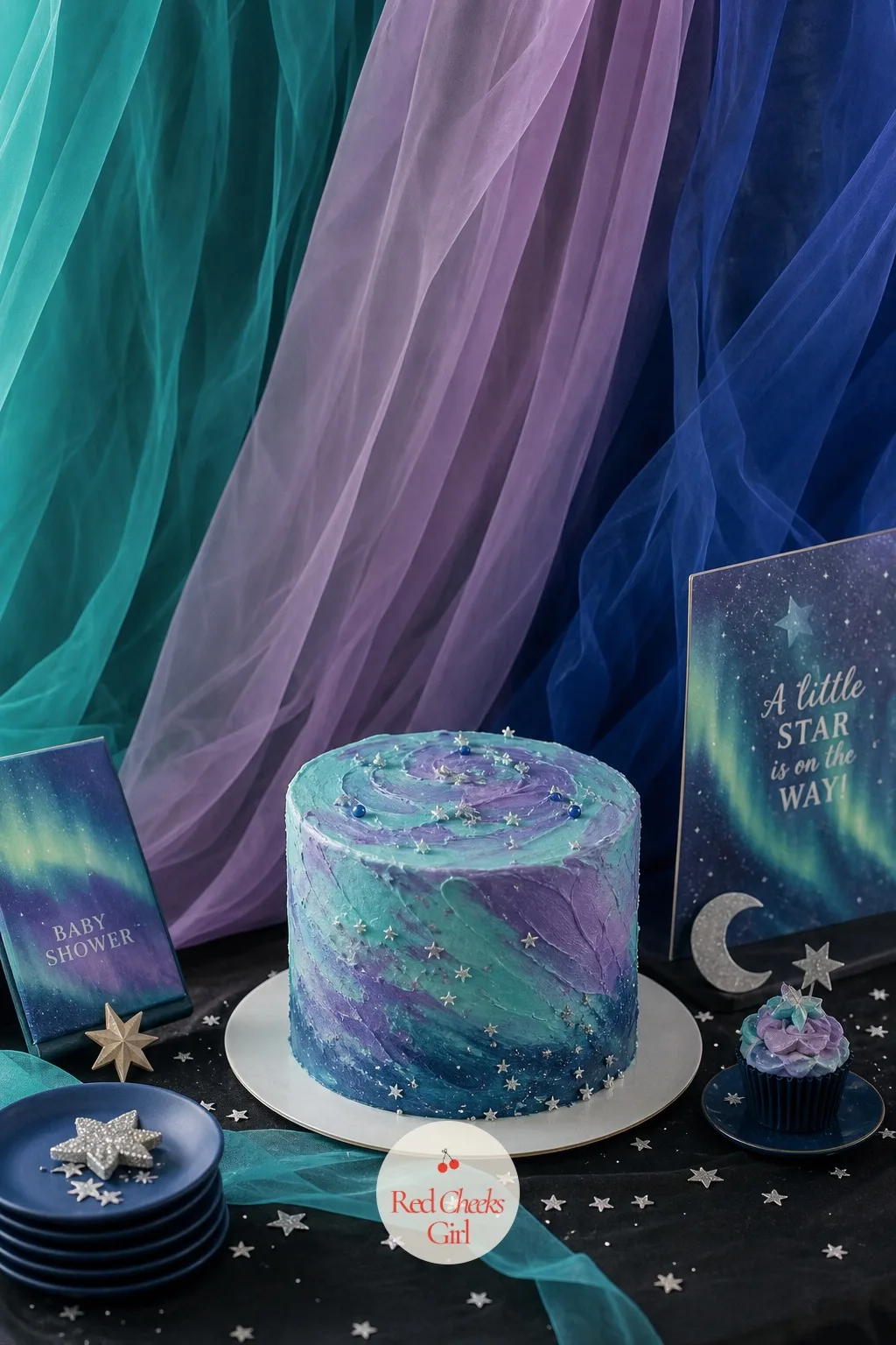 Northern Lights — Green and purple together can read as Halloween if they go flat, so let them blend rather than block: layered sheer fabric in teal, violet