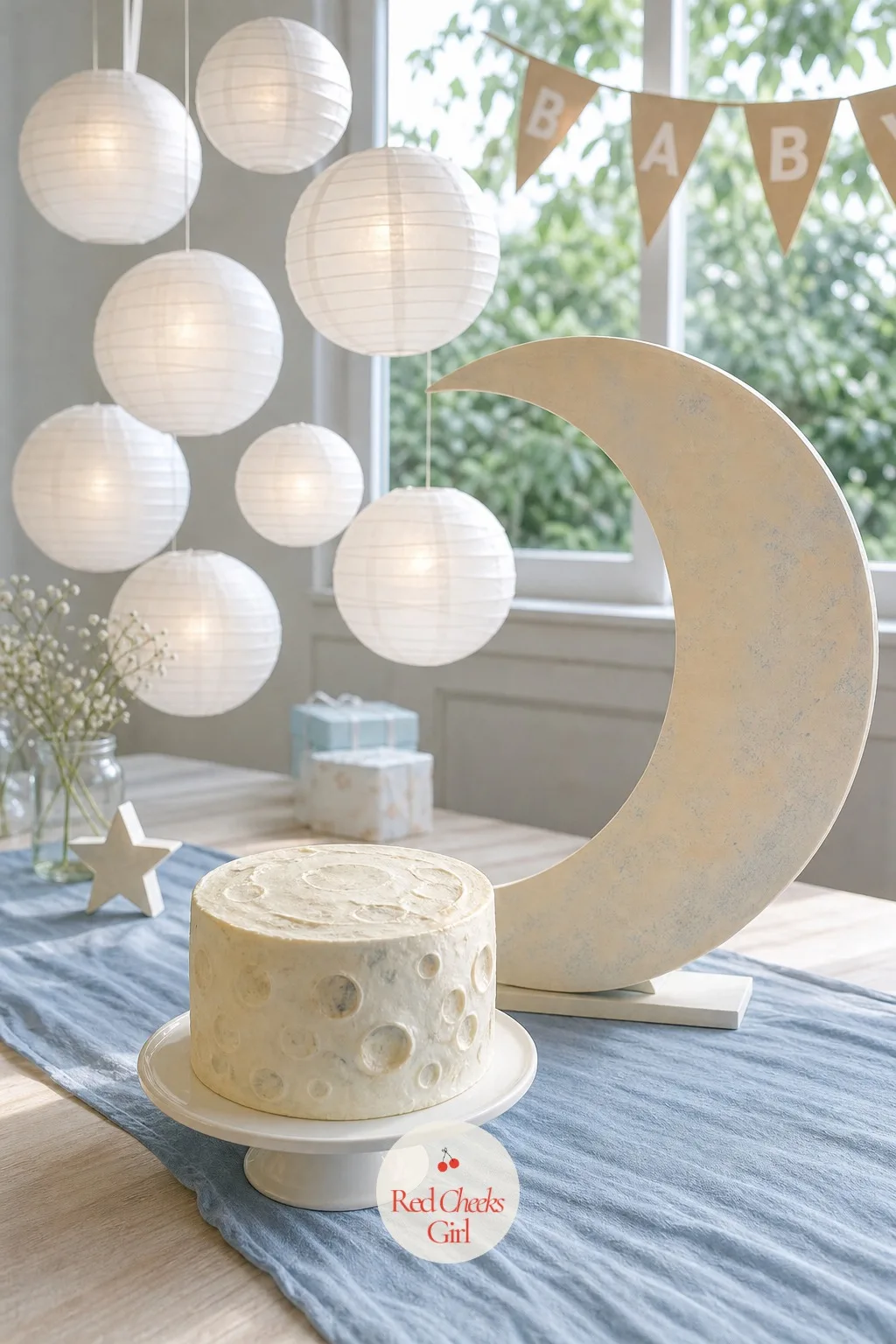 Over the Moon — A crescent moon prop can look flimsy if it is the only tall object in the room, so give it company: a cluster of round white paper lanterns at