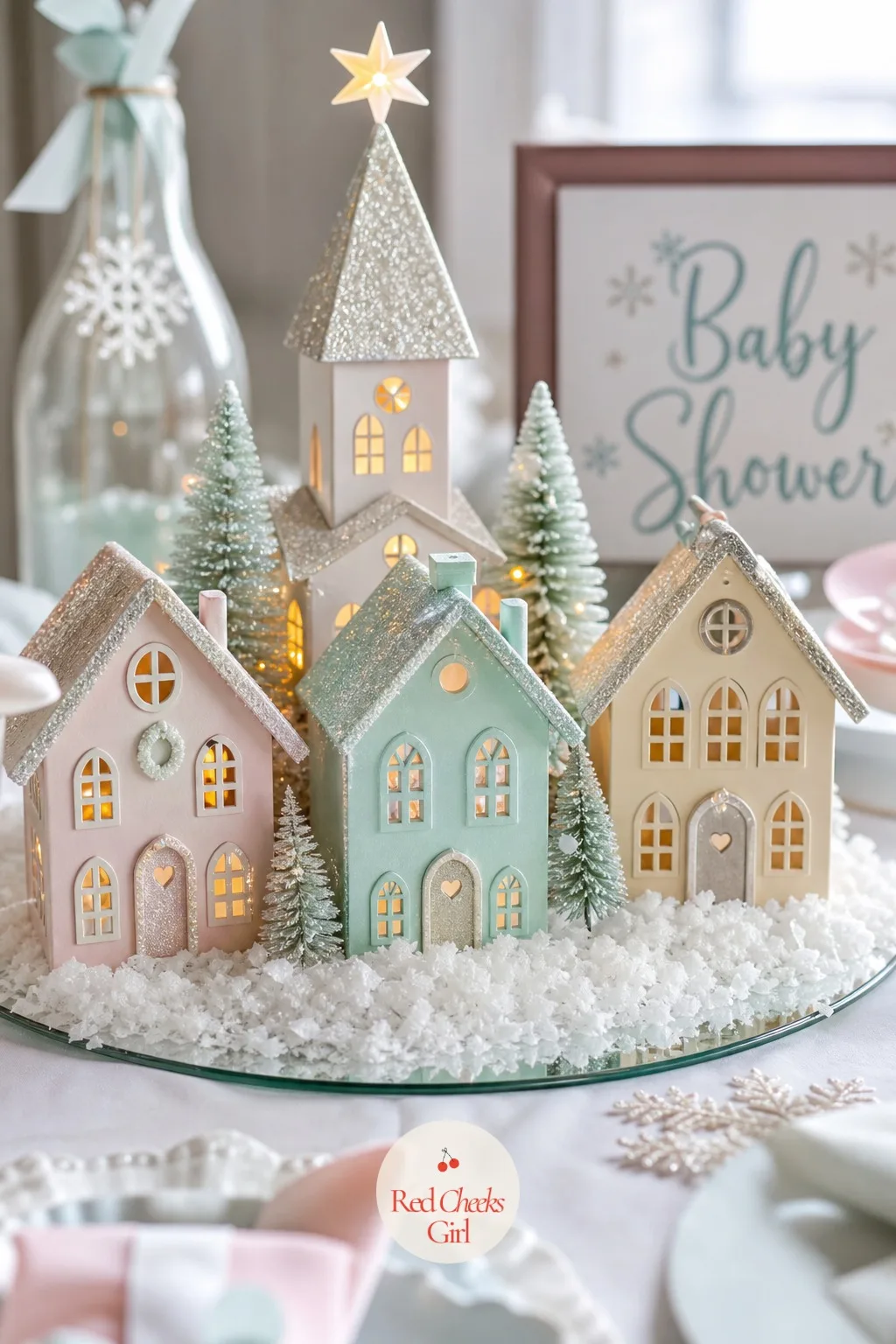 Pastel Winter Village — Snow outside is grey slush by week two of January; inside, give her a village that never melts. January baby shower themes