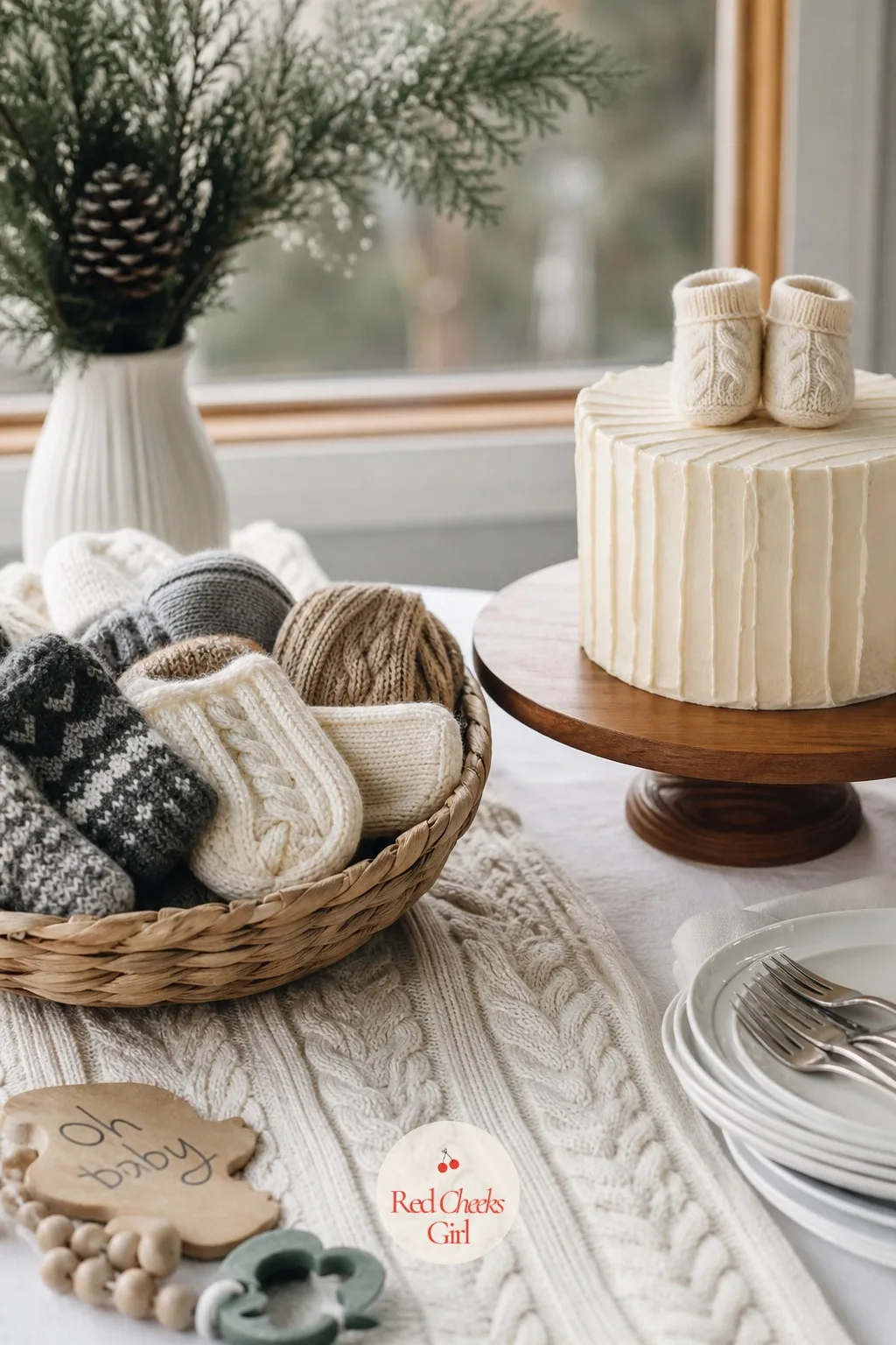 Sweater Weather Knits — Texture does the work instead of colour: chunky knit throws, a basket of mismatched wool mittens, and a cable-knit runner down the