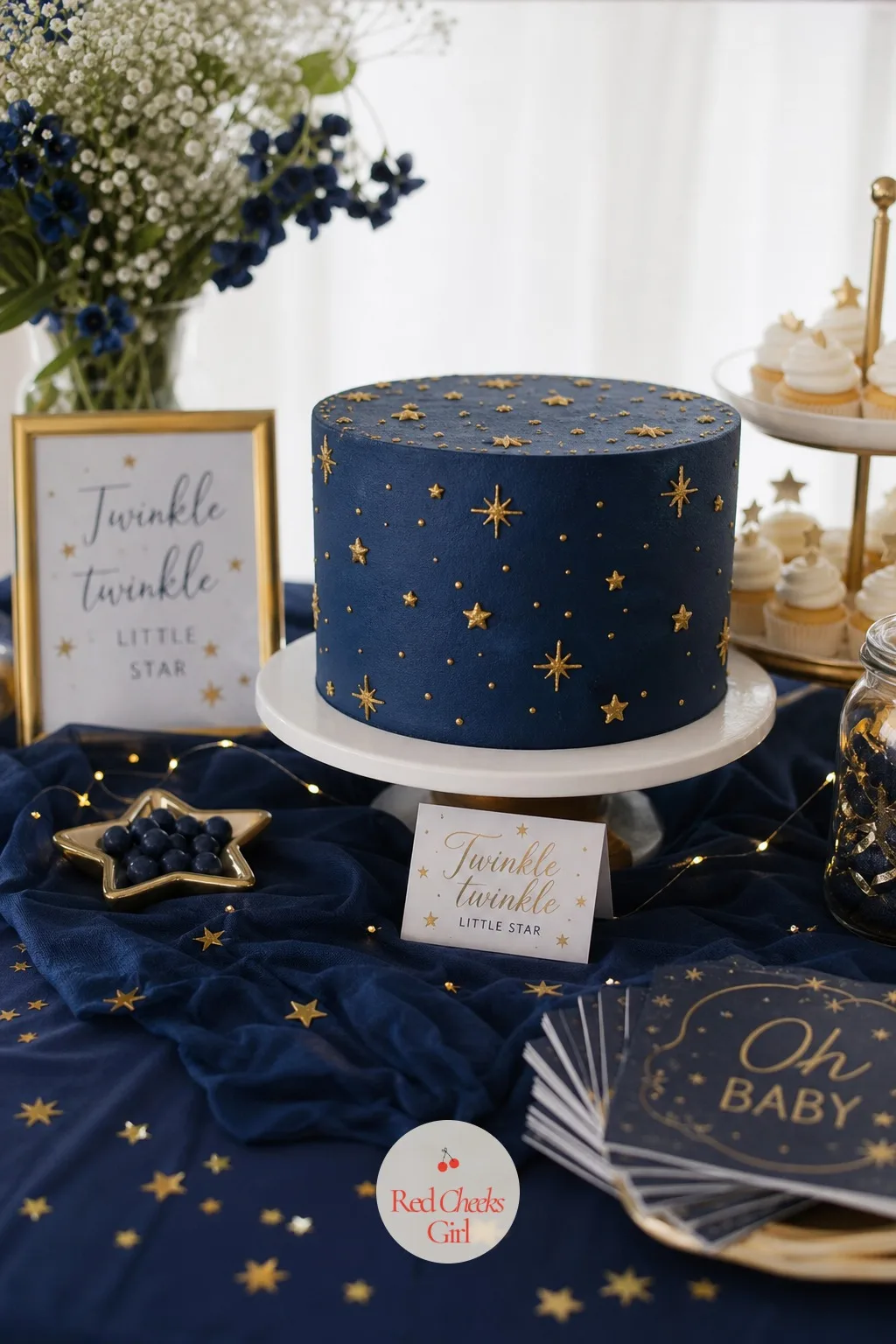 Twinkle Twinkle Night Sky — A navy backdrop can swallow light instead of holding it, so paint the stars gold rather than white and let them catch what light
