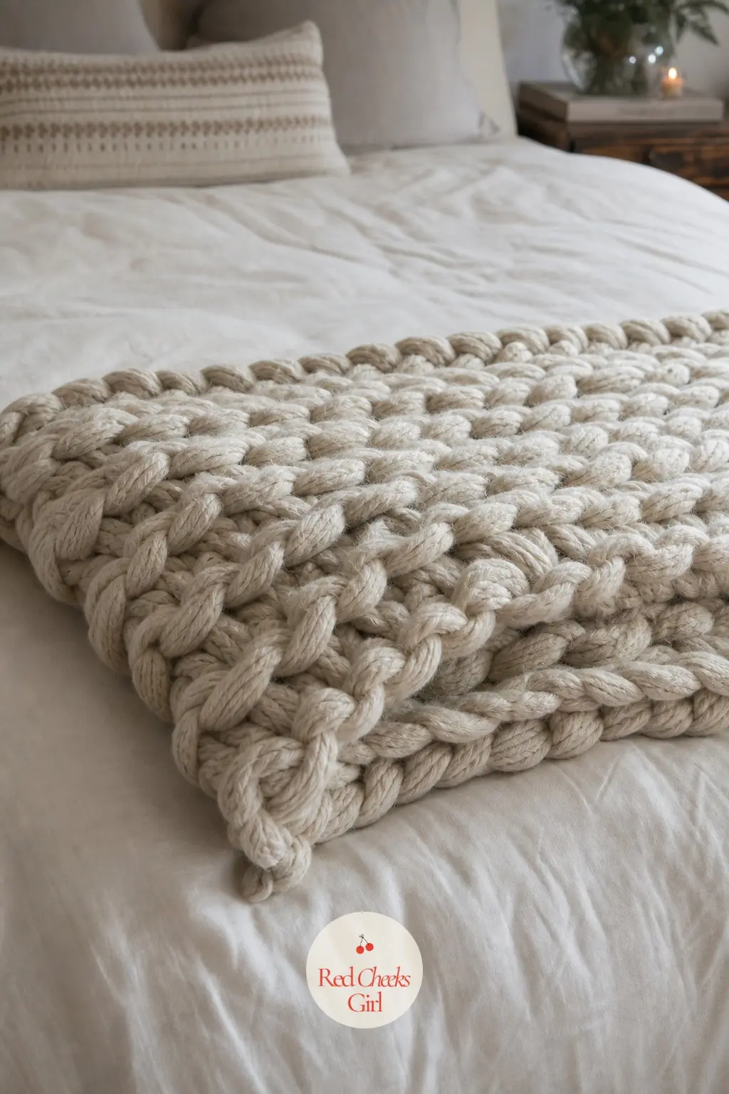 A Chunky Knit Throw Folded at the Foot of the Bed — One oatmeal chunky knit throw, folded in thirds across the foot of the bed over plain ivory cotton bedding