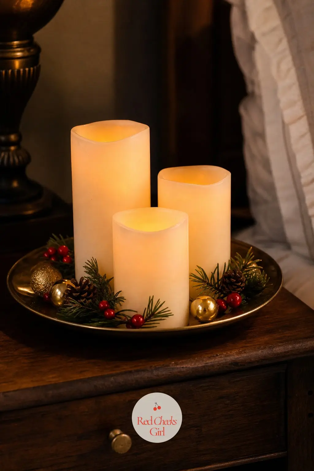 A Cluster of Flameless Candles on the Nightstand — Three flameless candles of different heights, grouped on a small brass tray on the nightstand, give off the