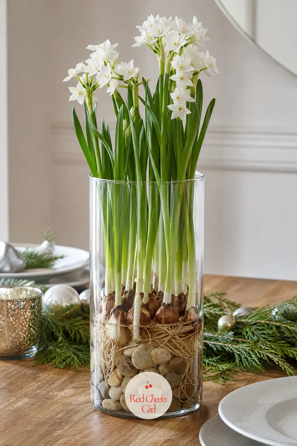 A Forced Paperwhite Bulb Centerpiece in a Glass Cylinder — Paperwhite bulbs, packed into a glass cylinder with pebbles and a little water, are the one January