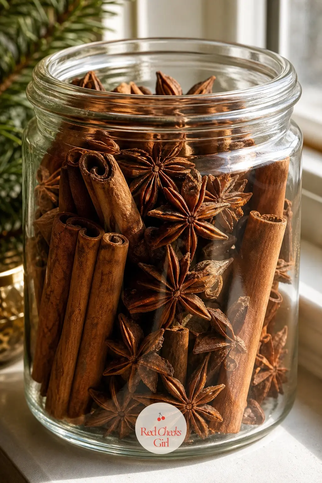 A Jar of Cinnamon Sticks and Star Anise on the Windowsill — A clear glass jar packed with cinnamon sticks and whole star anise, set where the afternoon light