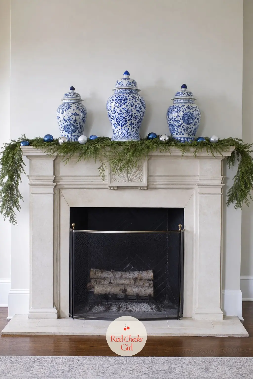 A Lineup of Blue and White Ginger Jars Along the Mantel — Swap the garland for three ginger jars in cobalt and white, spaced with real gaps between them