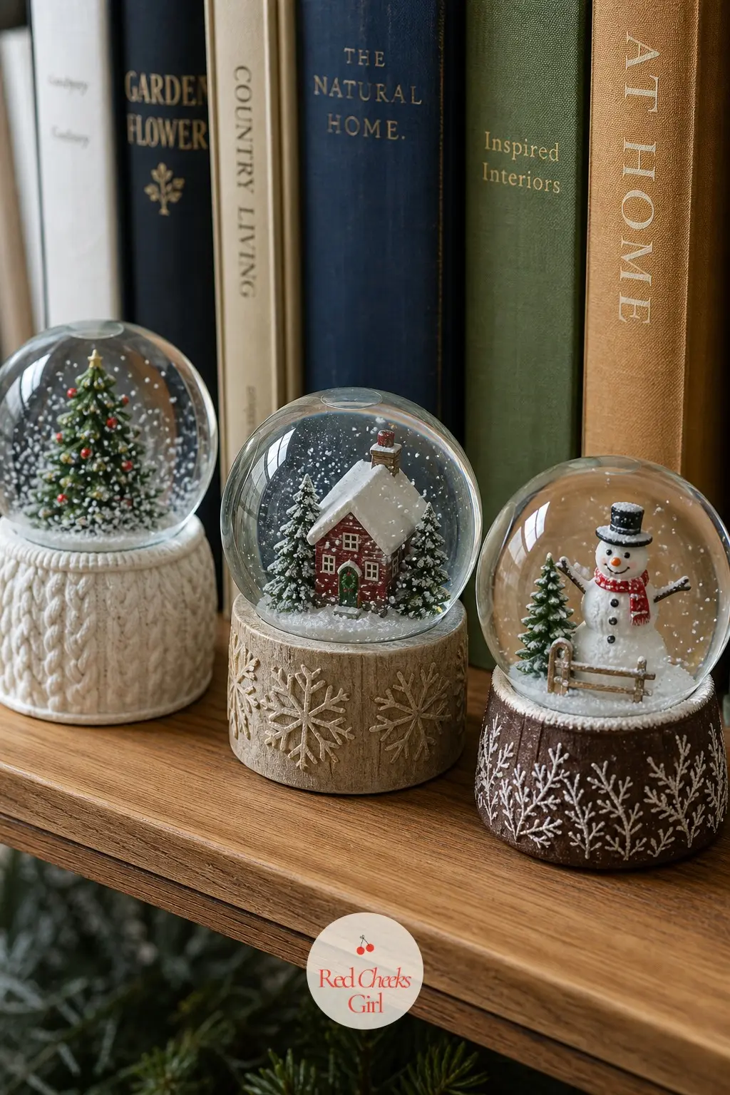 A Lineup of Snow Globes Along the Bookshelf — Three or four snow globes, lined up on a single open shelf instead of scattered through the house, read as a