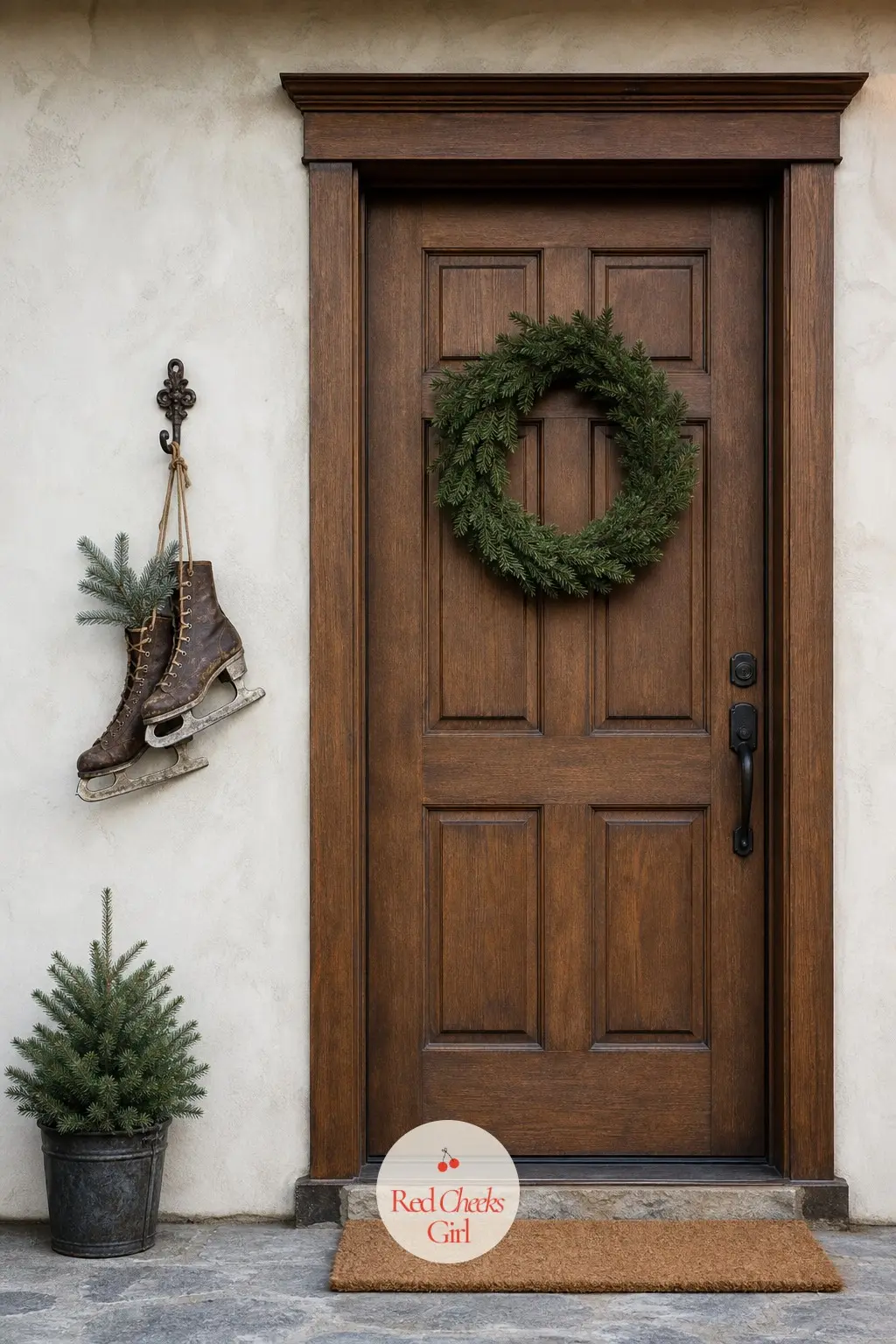 A Row of Hung Ice Skates Beside the Front Door — A pair of old ice skates, laces knotted together and hung from a single hook, does more for a January entryway