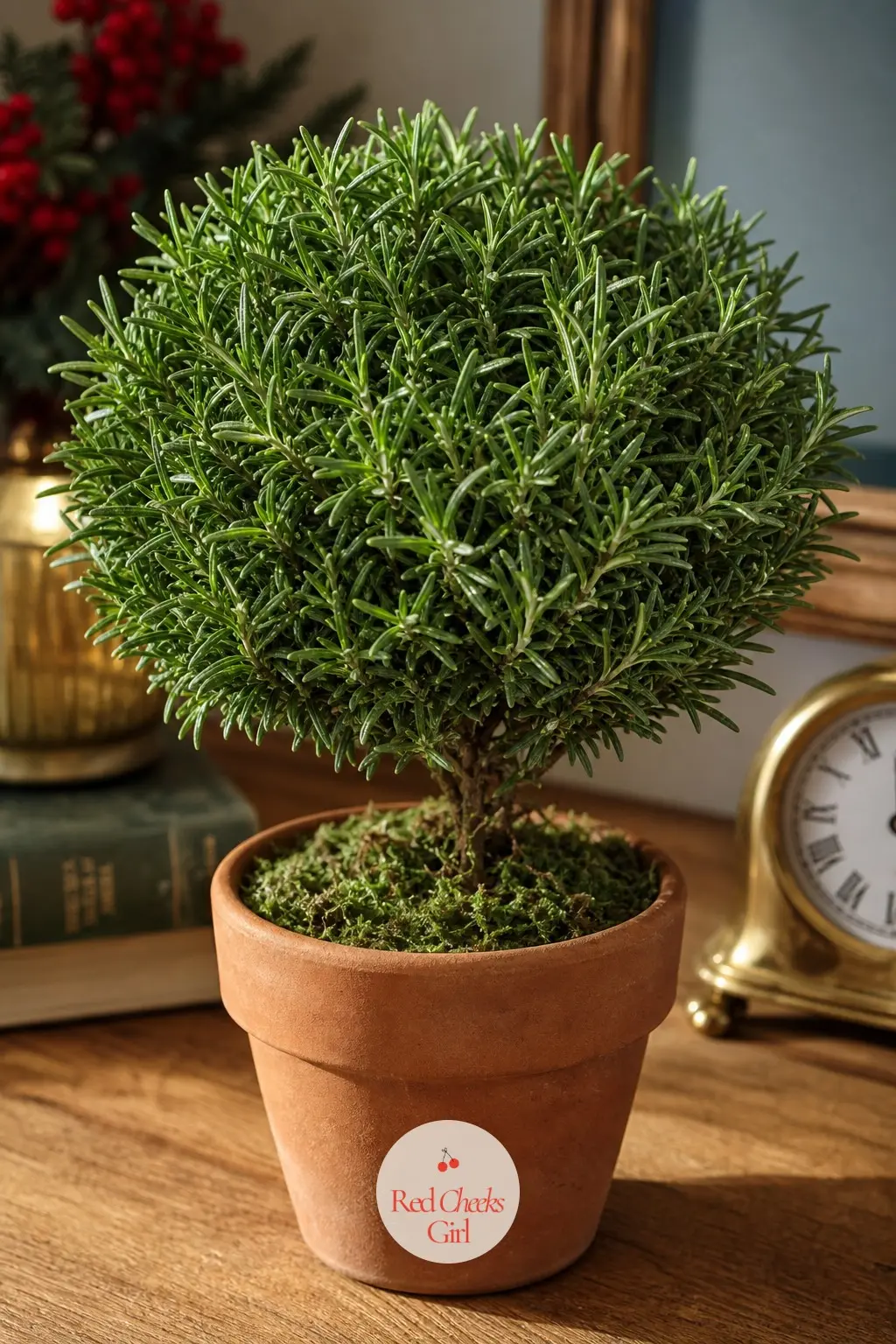 A Small Potted Rosemary Topiary on the Desk — A rosemary topiary, trimmed into a neat ball shape and potted in plain terracotta, brings actual green onto a