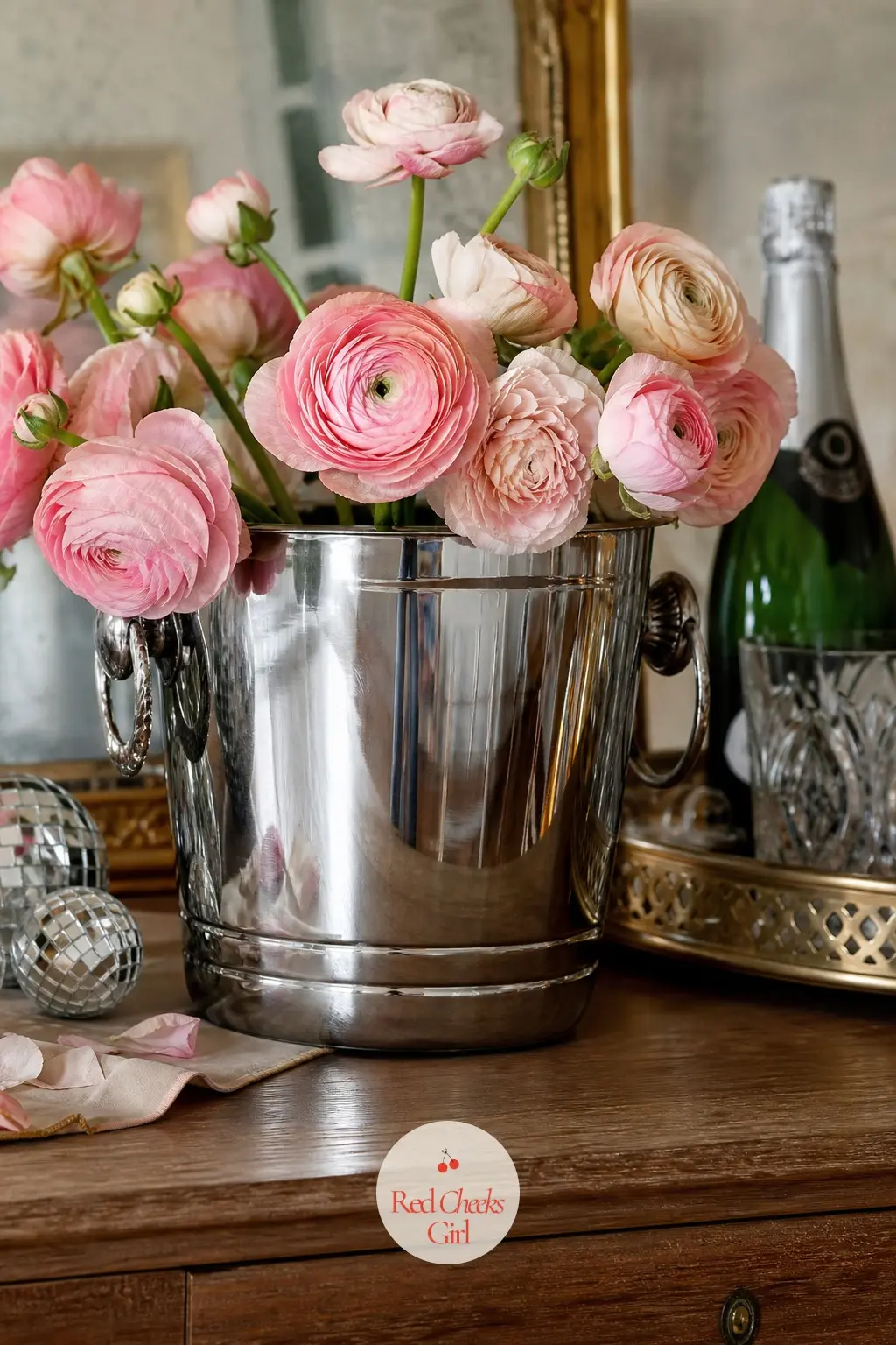 A Vintage Ice Bucket Used as a Vase on the Dresser — A chrome ice bucket, the kind that shows up at every estate sale for five dollars, makes an unexpectedly