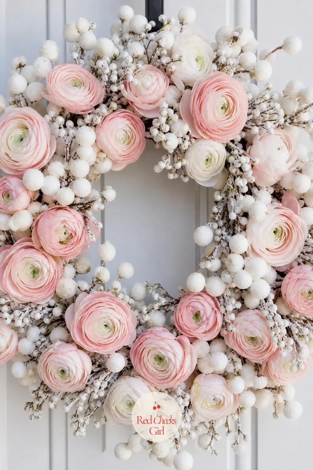 The Blush Ranunculus and Frosted Berry Wreath for the Bedroom Door — Soft blush ranunculus blooms paired with frosted white berry picks keep a gentle pop of