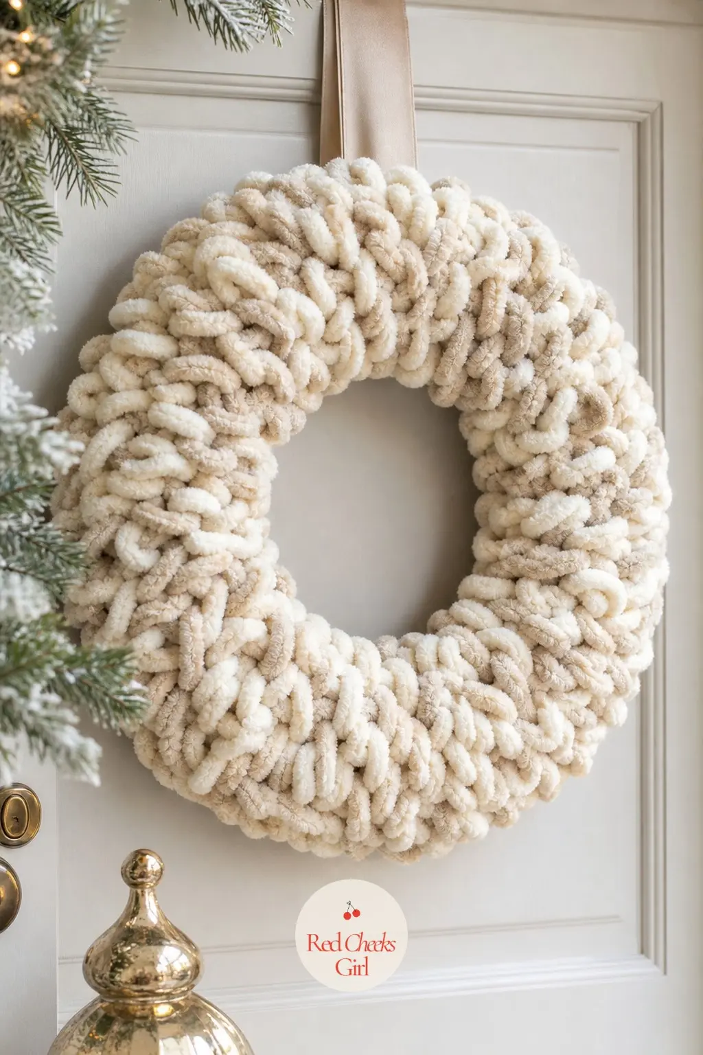 The Chunky Wool Yarn Wreath for the Apartment Door — No greenery, no berries, just thick cream and oatmeal chenille yarn wrapped tightly around a foam ring