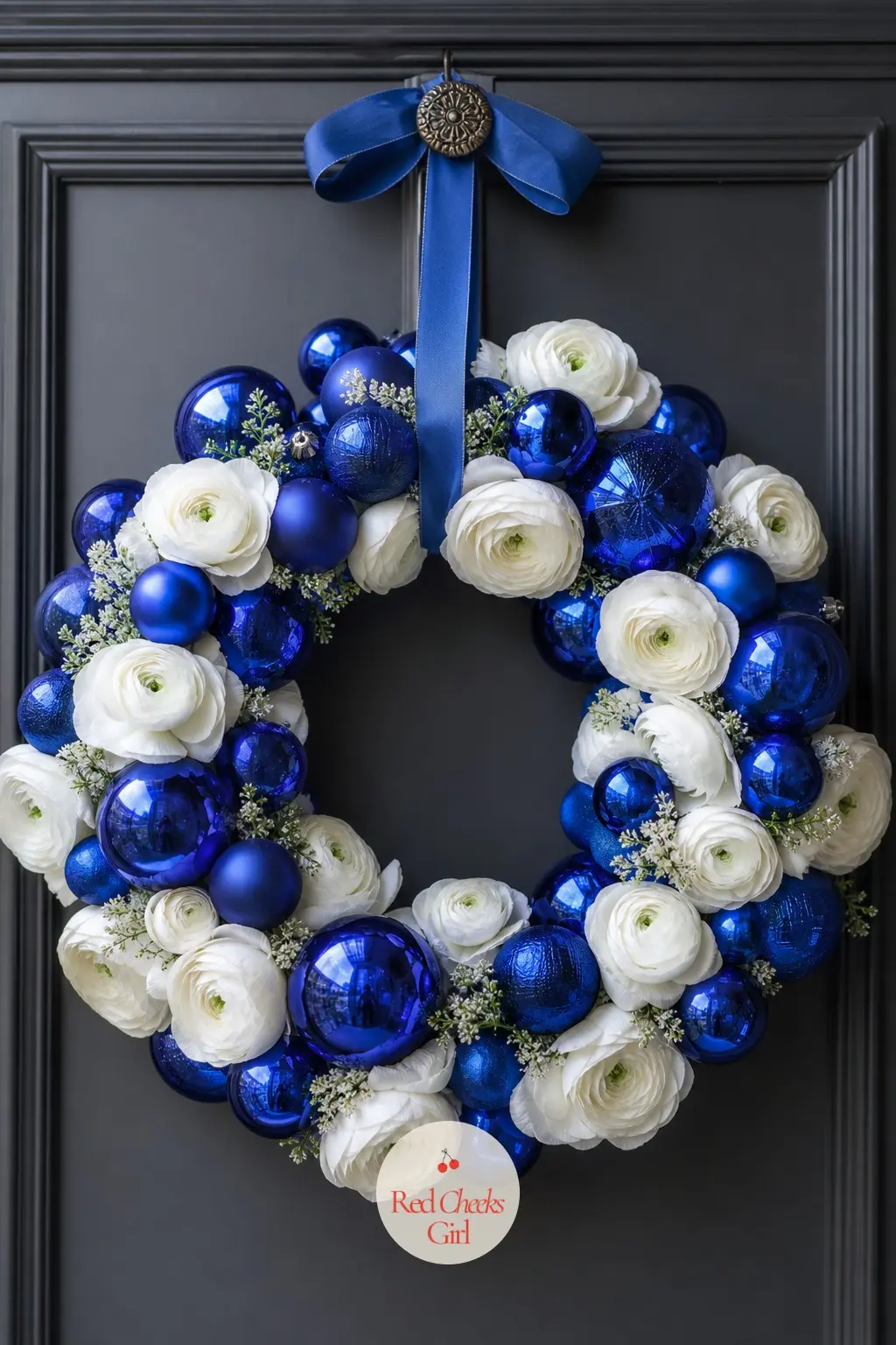 The Cobalt Blue Glass Ornament and White Ranunculus Wreath for the Dining Room — Deep cobalt glass ornaments clustered against crisp white faux ranunculus
