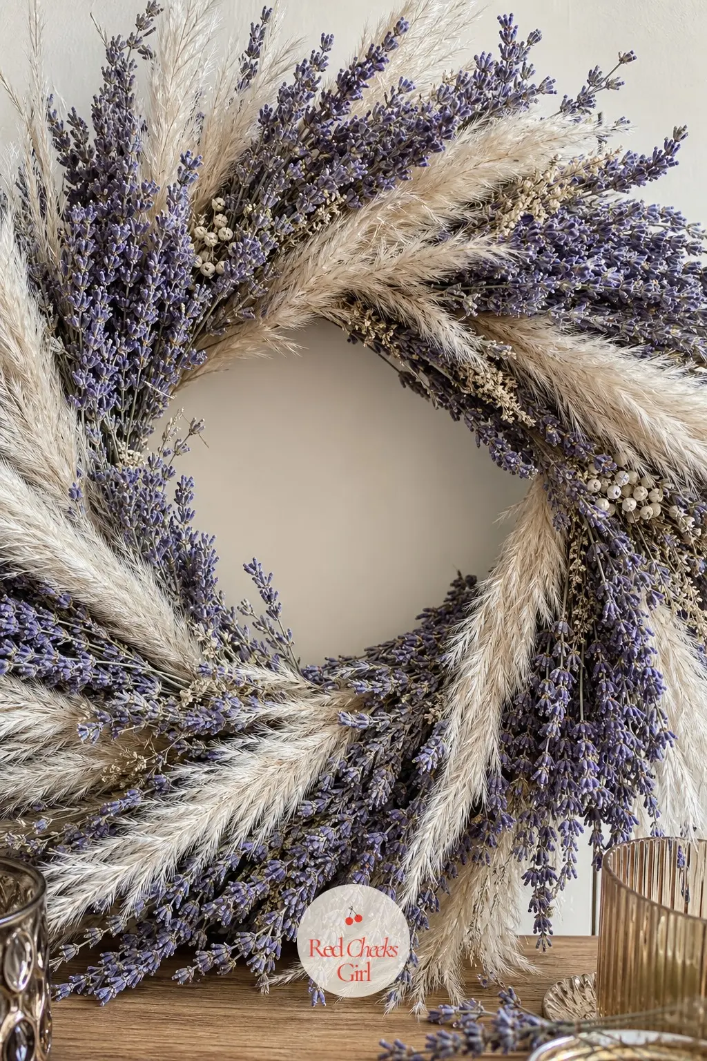 The Dried Lavender and Pampas Grass Wreath for the Reading Nook — Dusty purple lavender stems and tall, pale pampas plumes fill a straw base with movement and