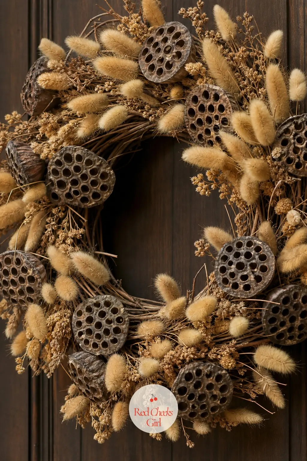 The Dried Lotus Pod and Bunny Tail Grass Wreath for the Studio Door — Dried lotus pods bring an almost sculptural, textured shape next to soft tan bunny tail