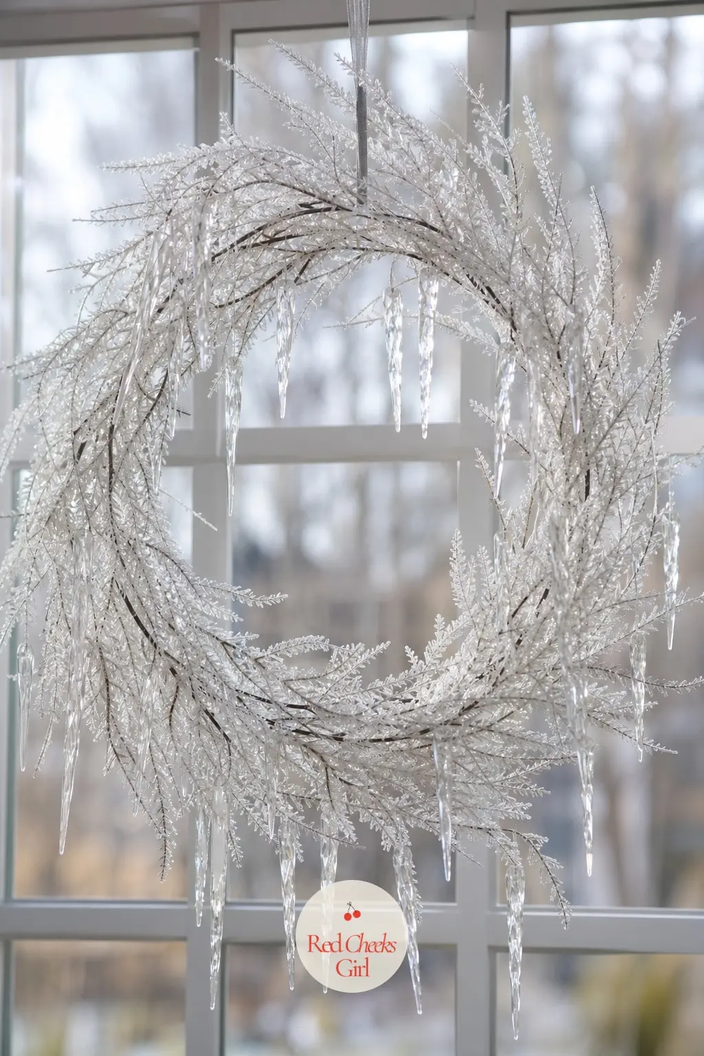 The Frosted Branch and Glass Icicle Wreath for the Picture Window — Bare branches sprayed or bought frosted white, hung with clear glass icicle ornaments
