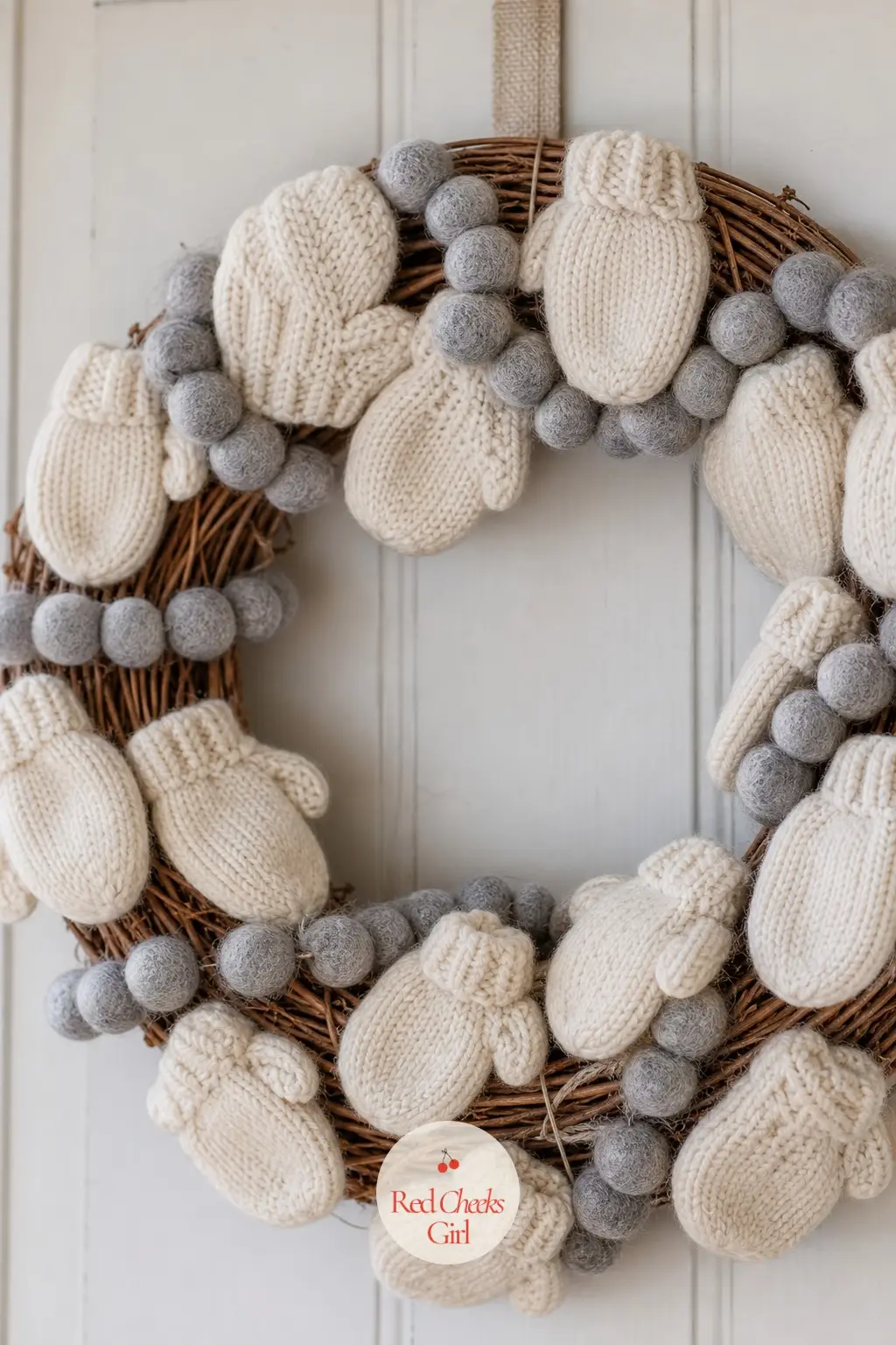 The Knit Mitten and Felt Ball Wreath for the Mudroom — Tiny knit mittens clipped around a grapevine base with a trail of soft grey wool felt balls look like