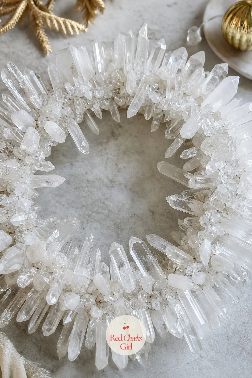The Rock Crystal and Quartz Point Wreath for the Meditation Corner — Raw quartz points and pale rock crystal chips wired onto a plain frame make a wreath that