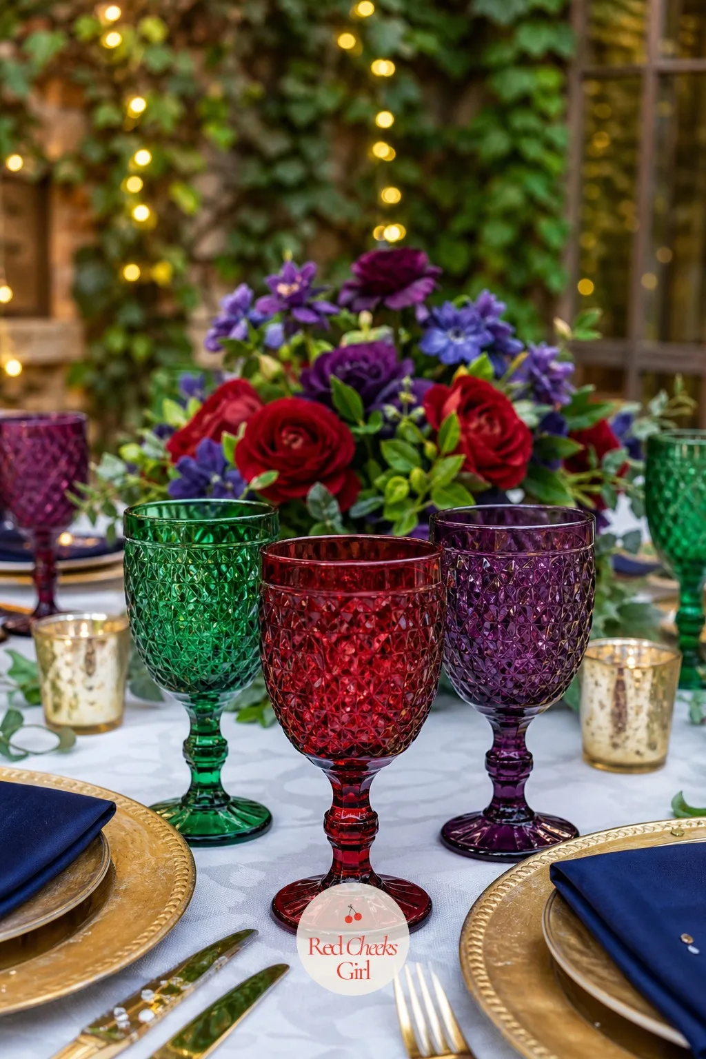 Colored Crystal Goblets — One blue glass is a detail. Jewel tone wedding decor
