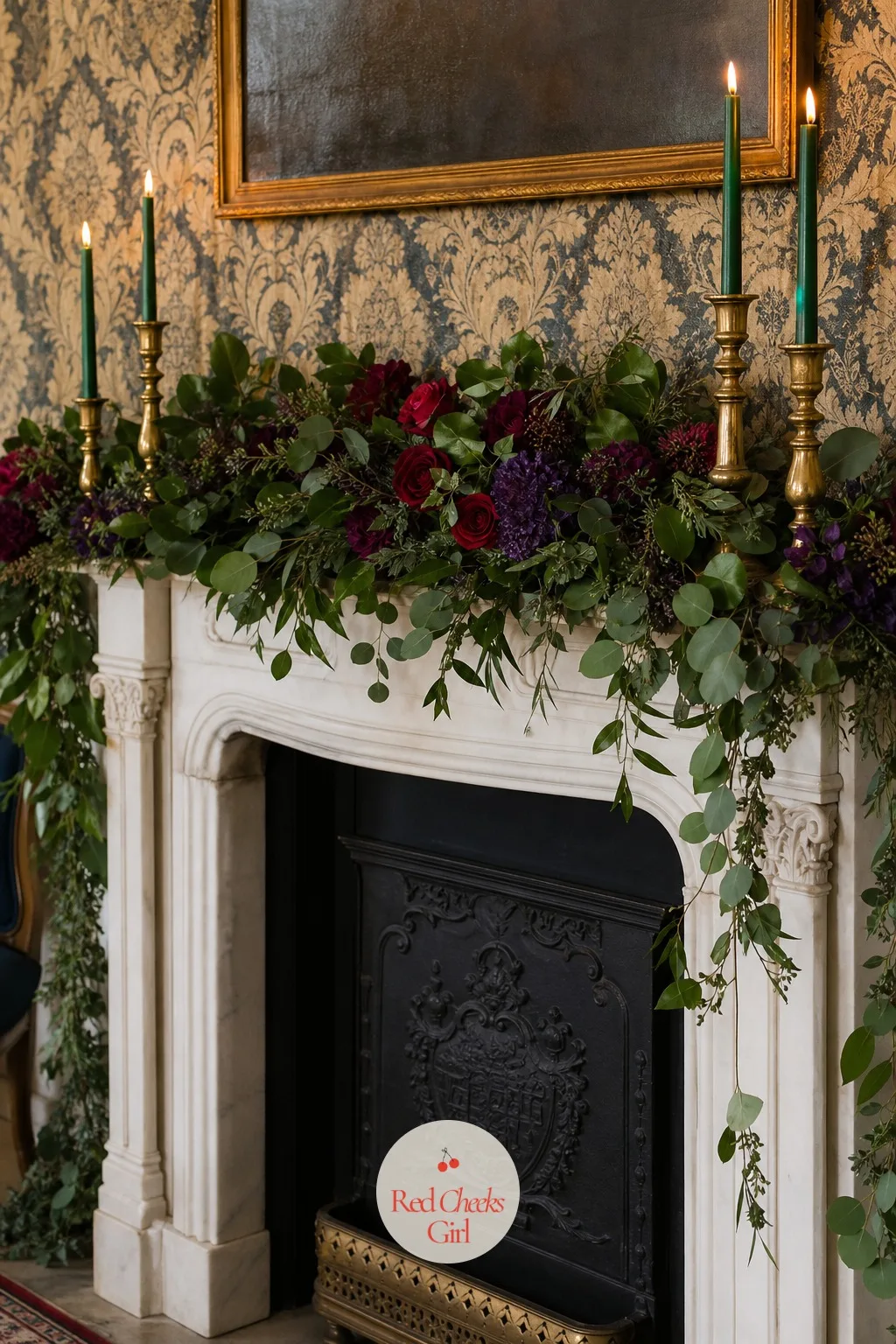 An Emerald Floral Garland Along the Mantel — An empty fireplace in a venue photo always looks like dead space. Jewel tone wedding decor
