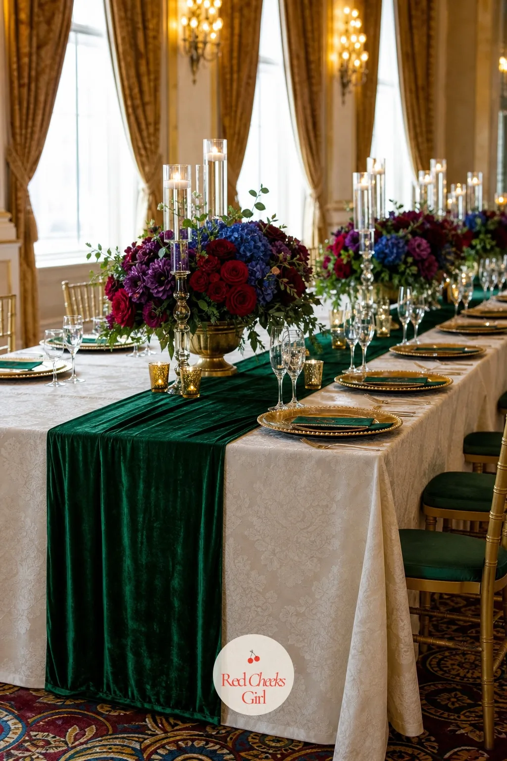 Emerald Velvet Table Runners — A bare white cloth looks like a hotel conference lunch, however good the food is. Jewel tone wedding decor