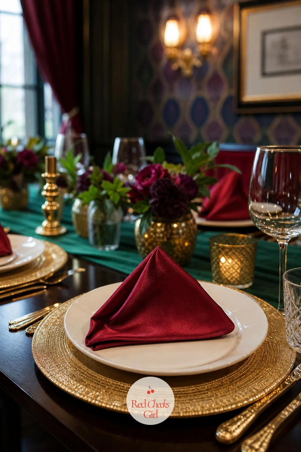 Gold Chargers with Jewel Tone Napkins — A plate set directly on a cloth looks unfinished, the way a photo looks unfinished without a frame. Jewel tone wedding