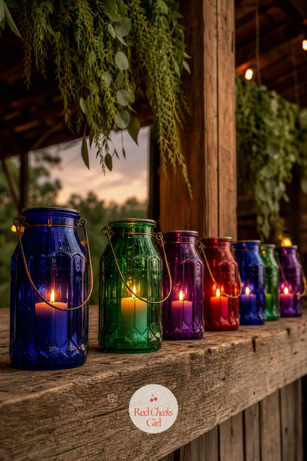 Jewel Colored Glass Hurricane Lanterns — String lights alone leave a path looking half finished once the sun actually drops. Jewel tone wedding decor