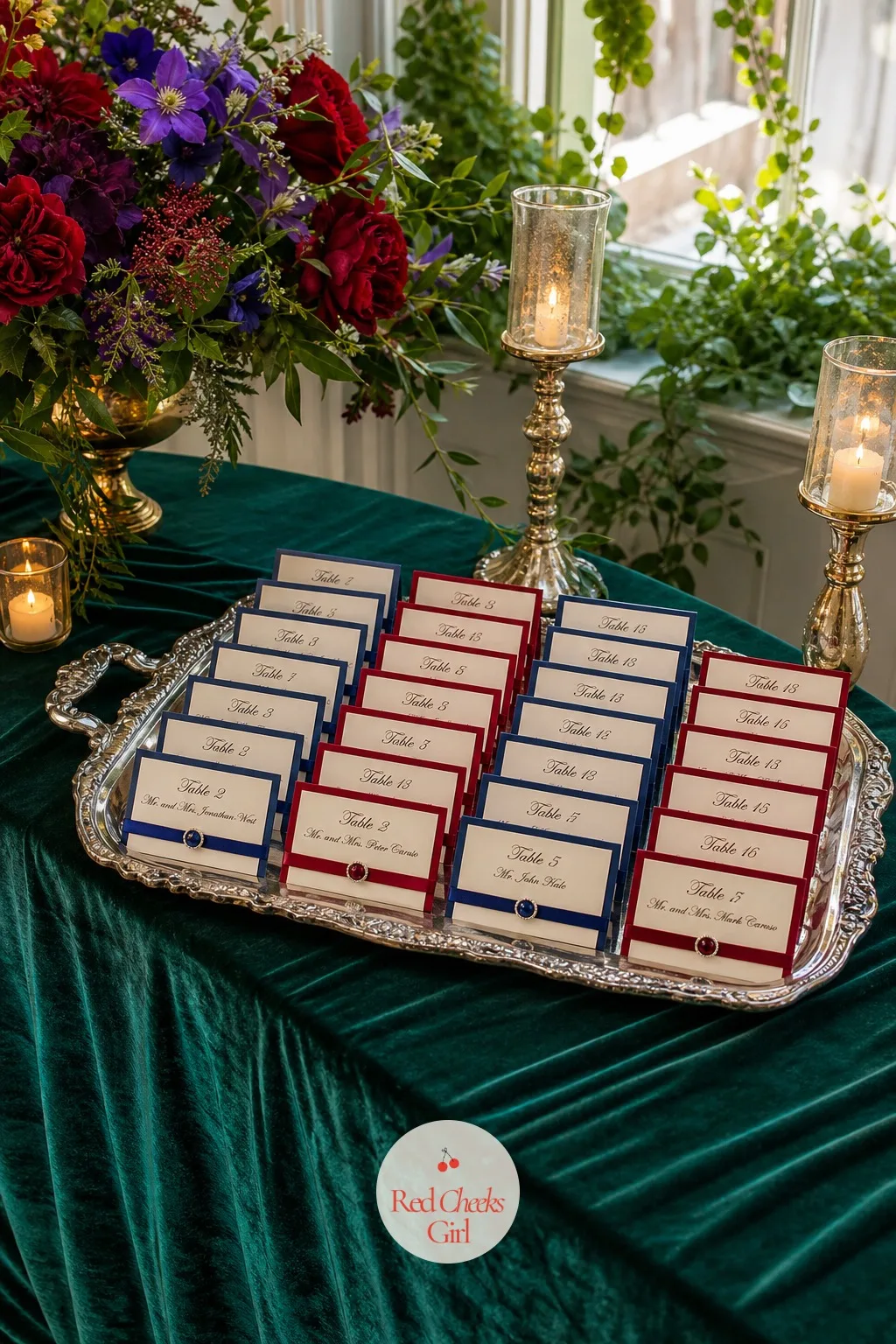 Jewel Tone Escort Cards — An alphabetical list taped to a foam board looks like it was finished the night before, even when it wasn't. Jewel tone wedding decor