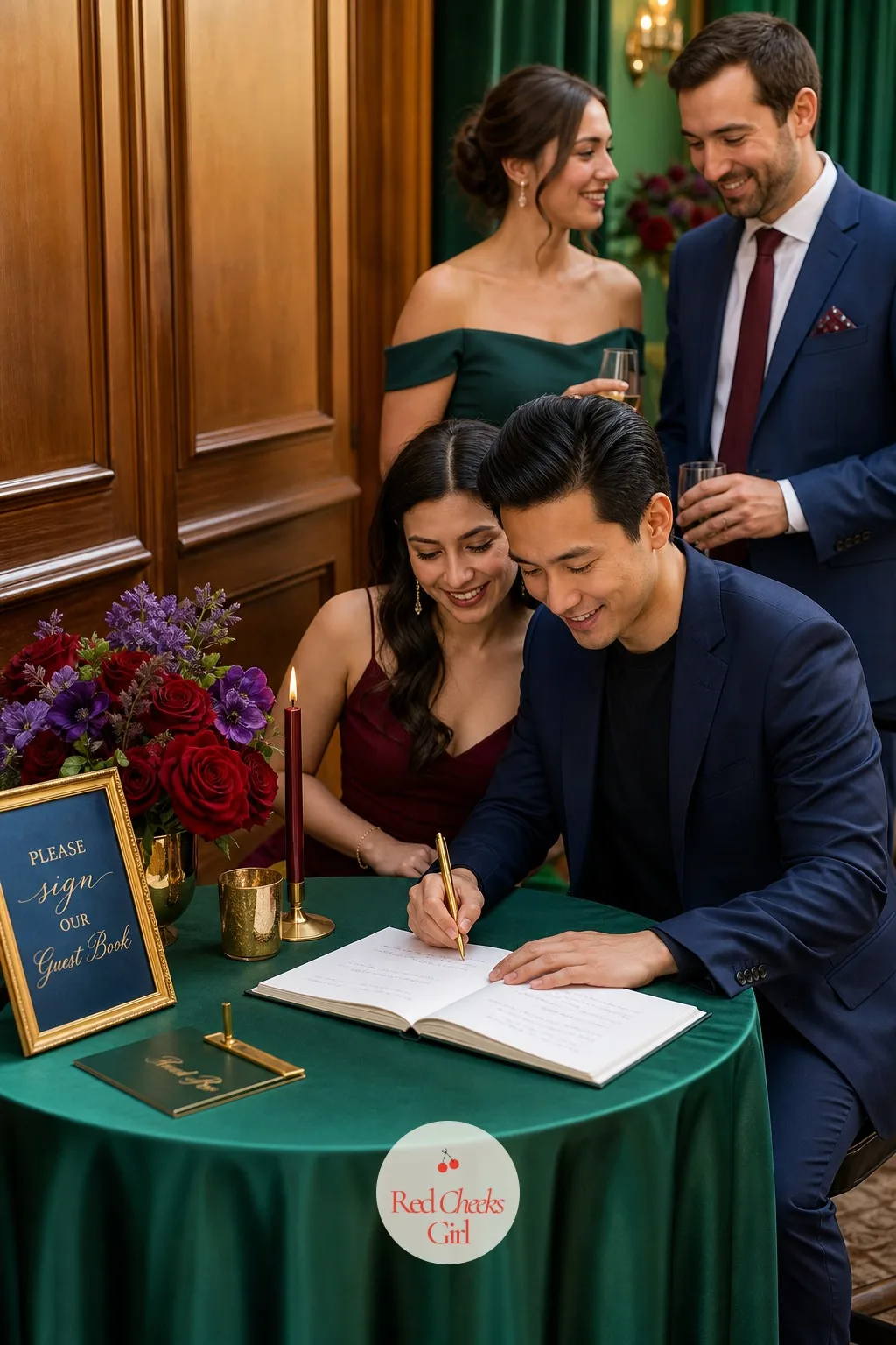 A Jewel Tone Guest Book Station — One book left alone on a side table rarely gets touched, however nice the cover is. Jewel tone wedding decor