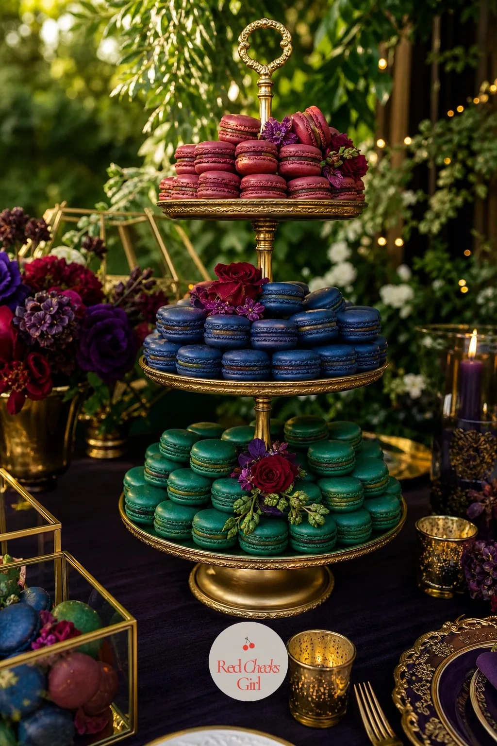 A Jewel Tone Macaron Tower — A plain cupcake tower tends to disappear against a dressed dessert table. Jewel tone wedding decor