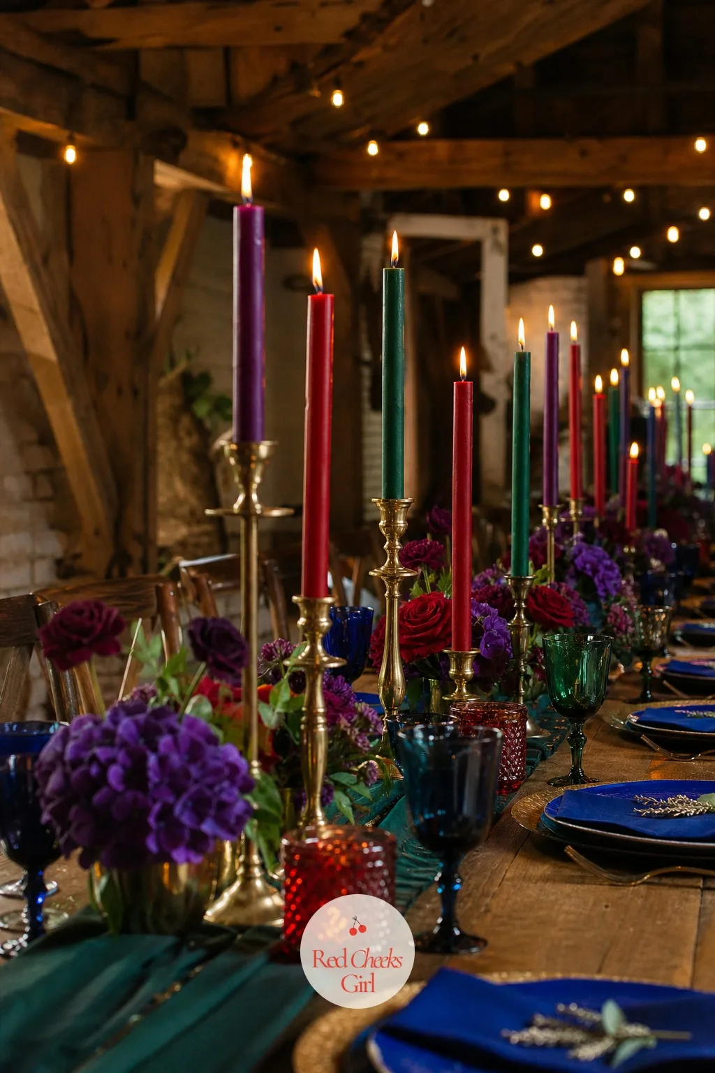 Jewel Tone Taper Candles — Overhead lighting flattens a room; candlelight is what actually warms a guest's face at dinner. Jewel tone wedding decor