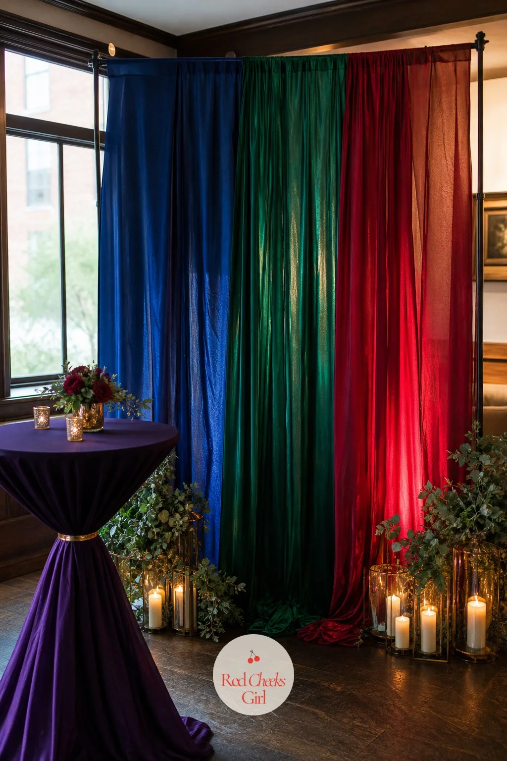 A Jewel-Toned Glass Photo Backdrop — Guests need somewhere to stand that isn't just the bar or the gift table, and a bare wall photographs as exactly that