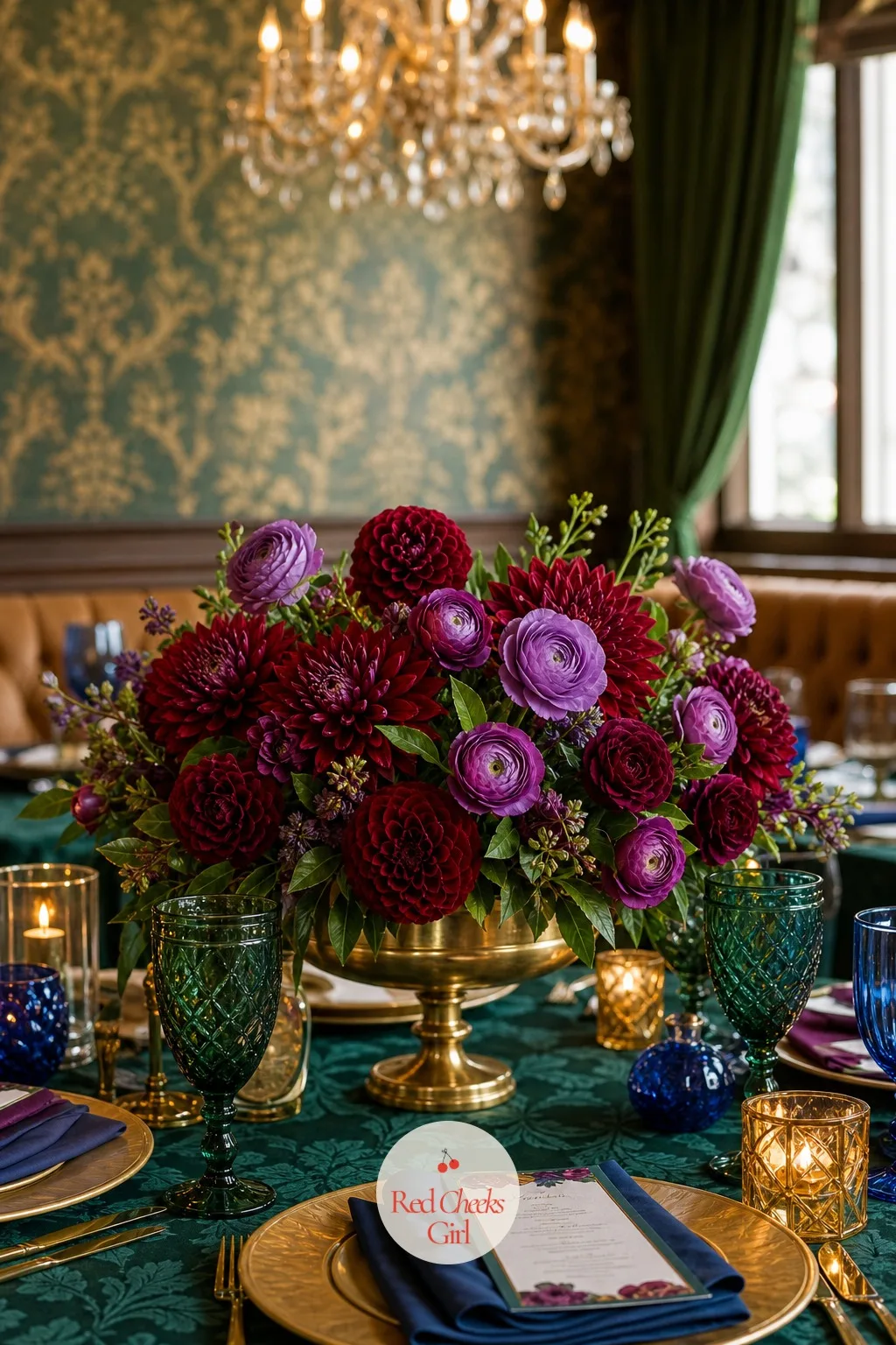 Ruby and Amethyst Floral Centerpieces — An all-white centrepiece can vanish against a dark runner, which is the opposite of what you want after spending on