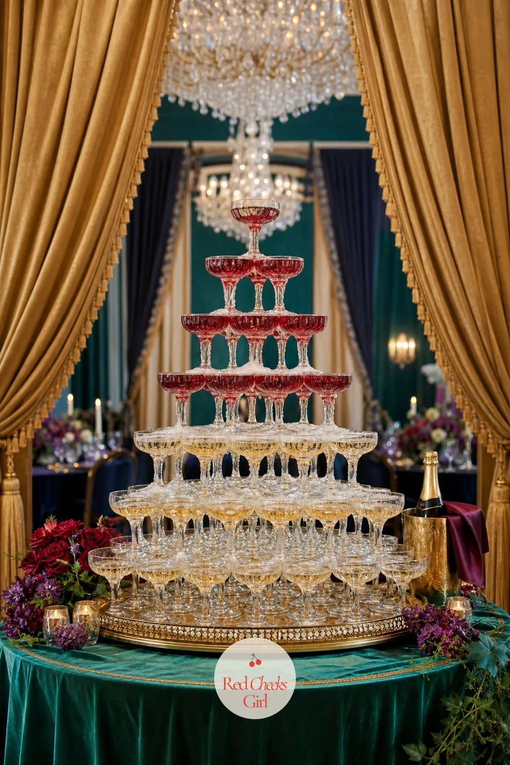 A Ruby Coupe Champagne Tower — A single bottle poured at one table does nothing for a toast the whole room is meant to share. Jewel tone wedding decor