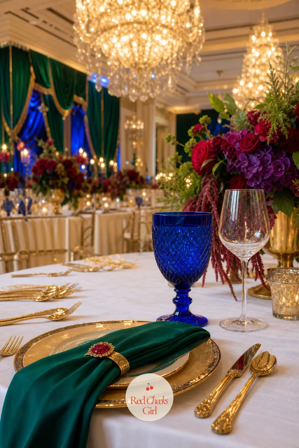 Sapphire Glassware — Clear rental glass at every seat looks like nobody chose it on purpose. Jewel tone wedding decor
