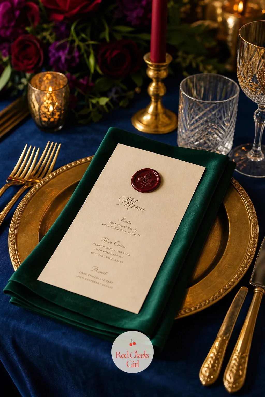 Wax-Sealed Jewel Tone Menu Cards — A generic printed menu does nothing to connect the food back to the room it's served in. Jewel tone wedding decor