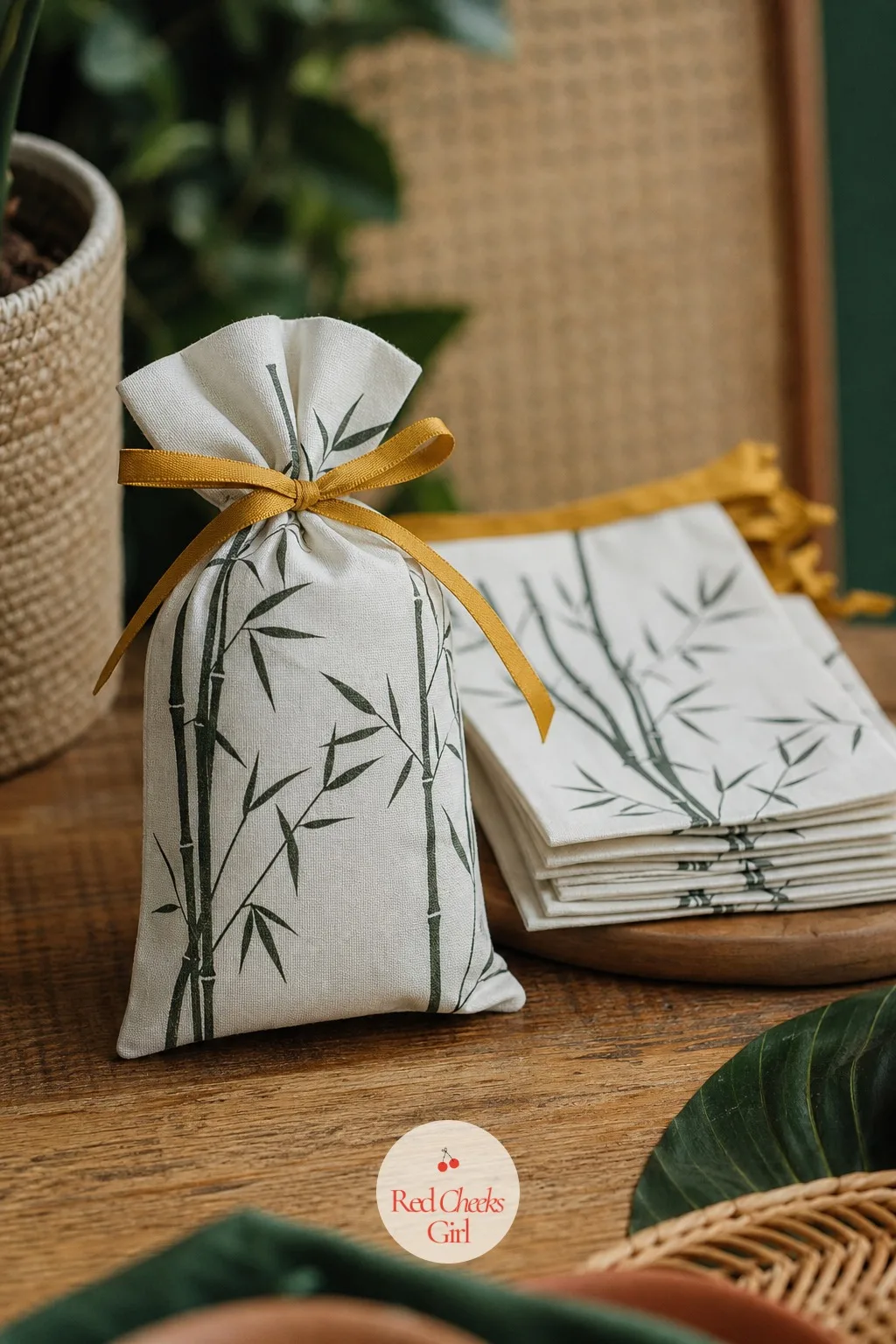 Bamboo Favour Bags with Mustard Ribbon — Something has to hold the smaller treats together at the end, and a plain kraft bag with the right print does it