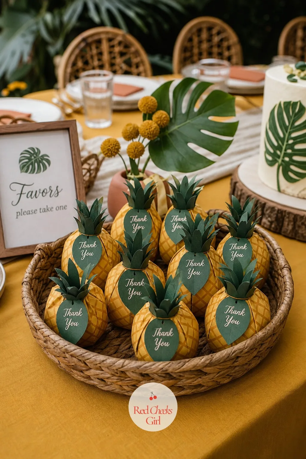 Mini Pineapple Favour Boxes — A plain white favour box says nothing. Jungle theme baby shower ideas