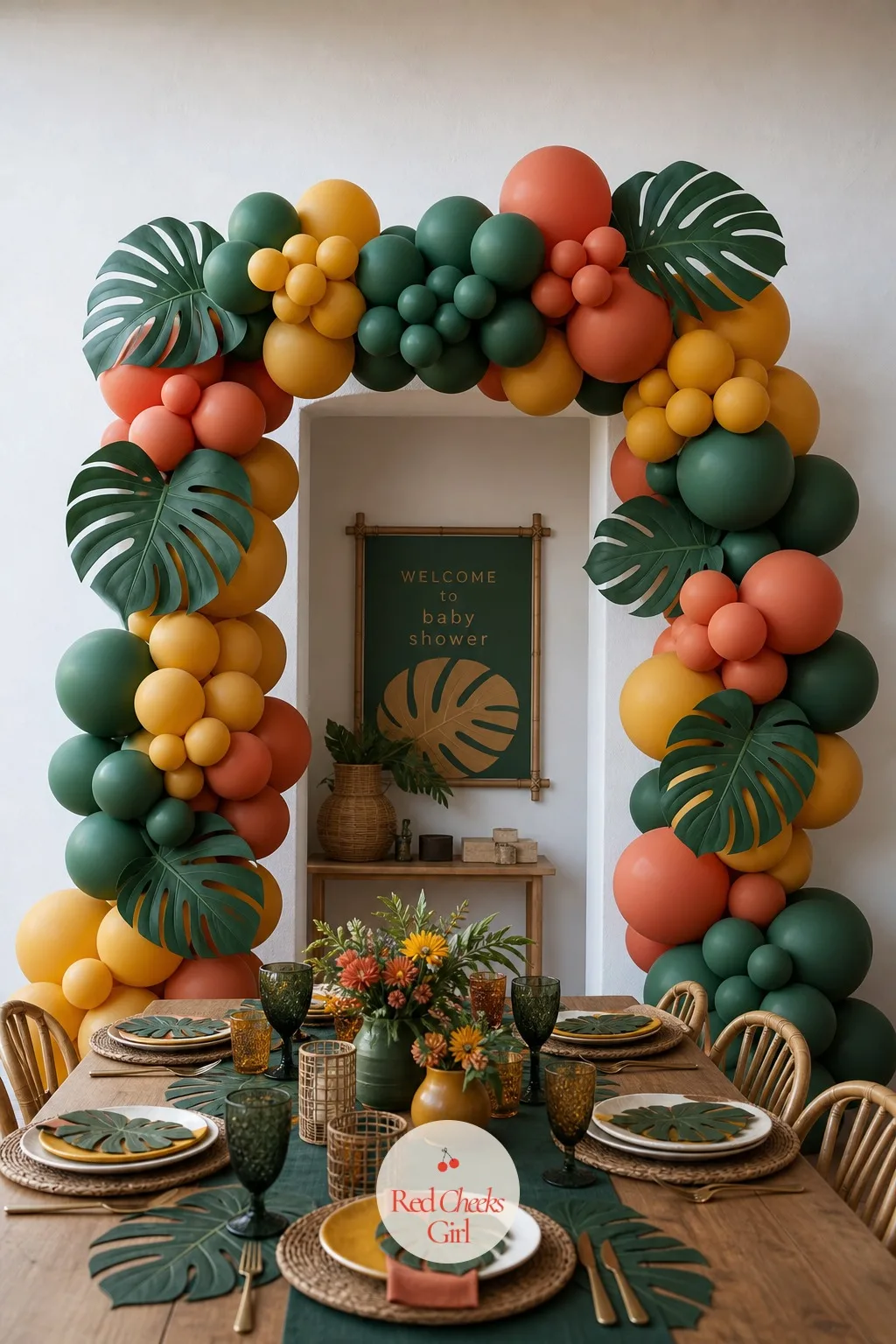 Monstera Leaf Balloon Arch — Walk in without one and the room still reads as a nice lunch. Jungle theme baby shower ideas
