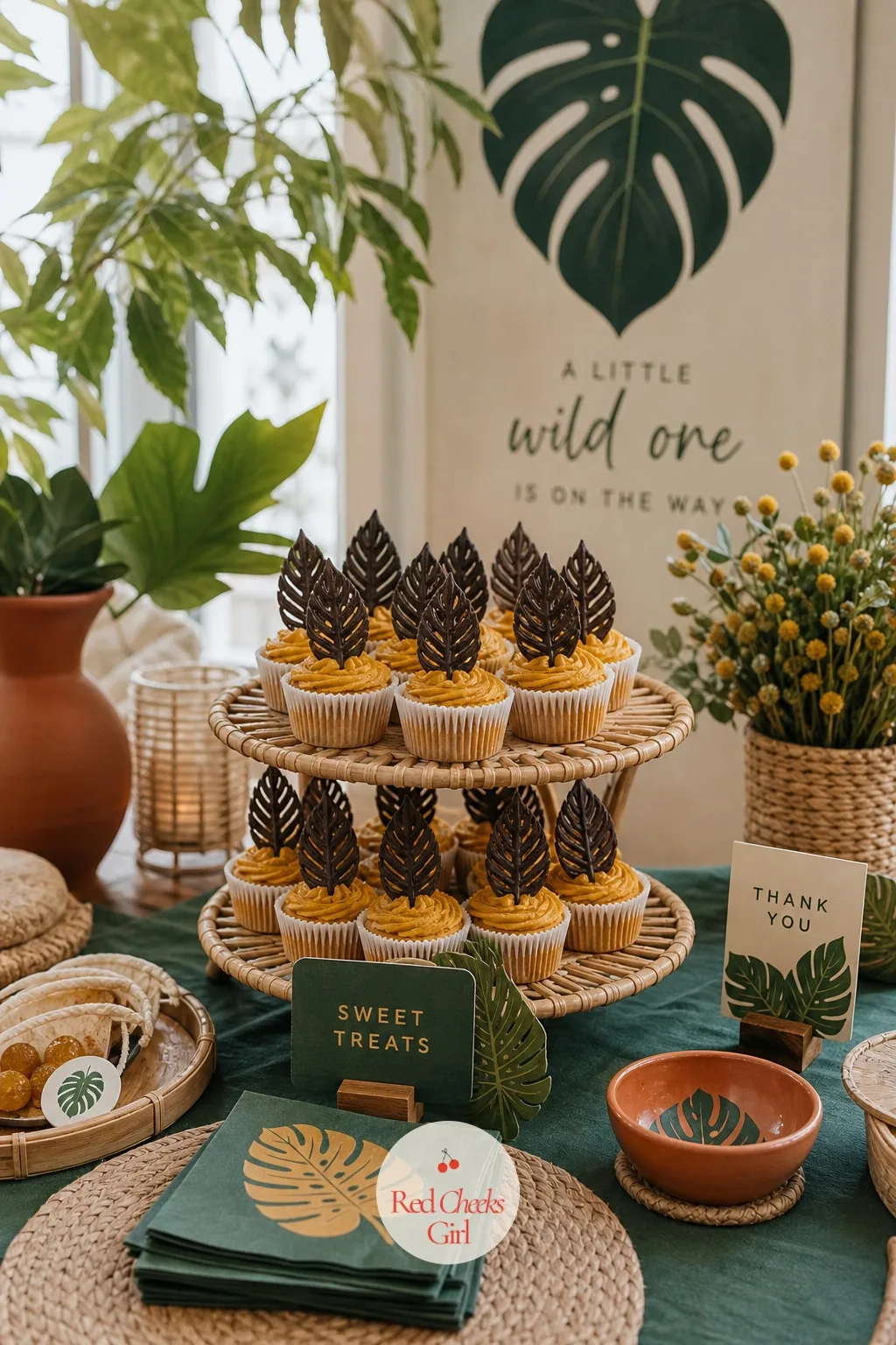 Mustard Cupcakes with Edible Leaf Toppers — Not every table needs a full cake commitment. Jungle theme baby shower ideas