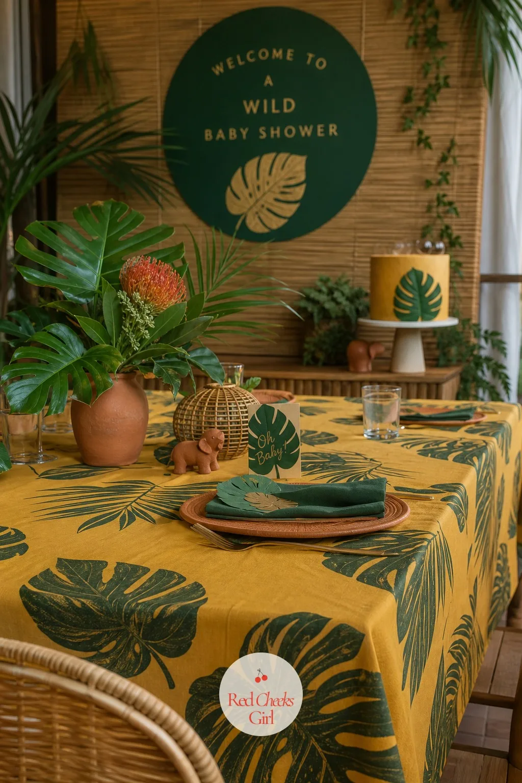 Mustard Leaf-Print Tablecloth — Every charger and napkin above needs something underneath it, and a plain mustard base does more than a bare wooden table ever