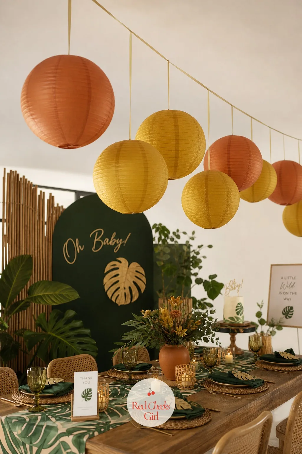 Paper Lantern Canopy — Look up in most party rooms and there is nothing to see. Jungle theme baby shower ideas