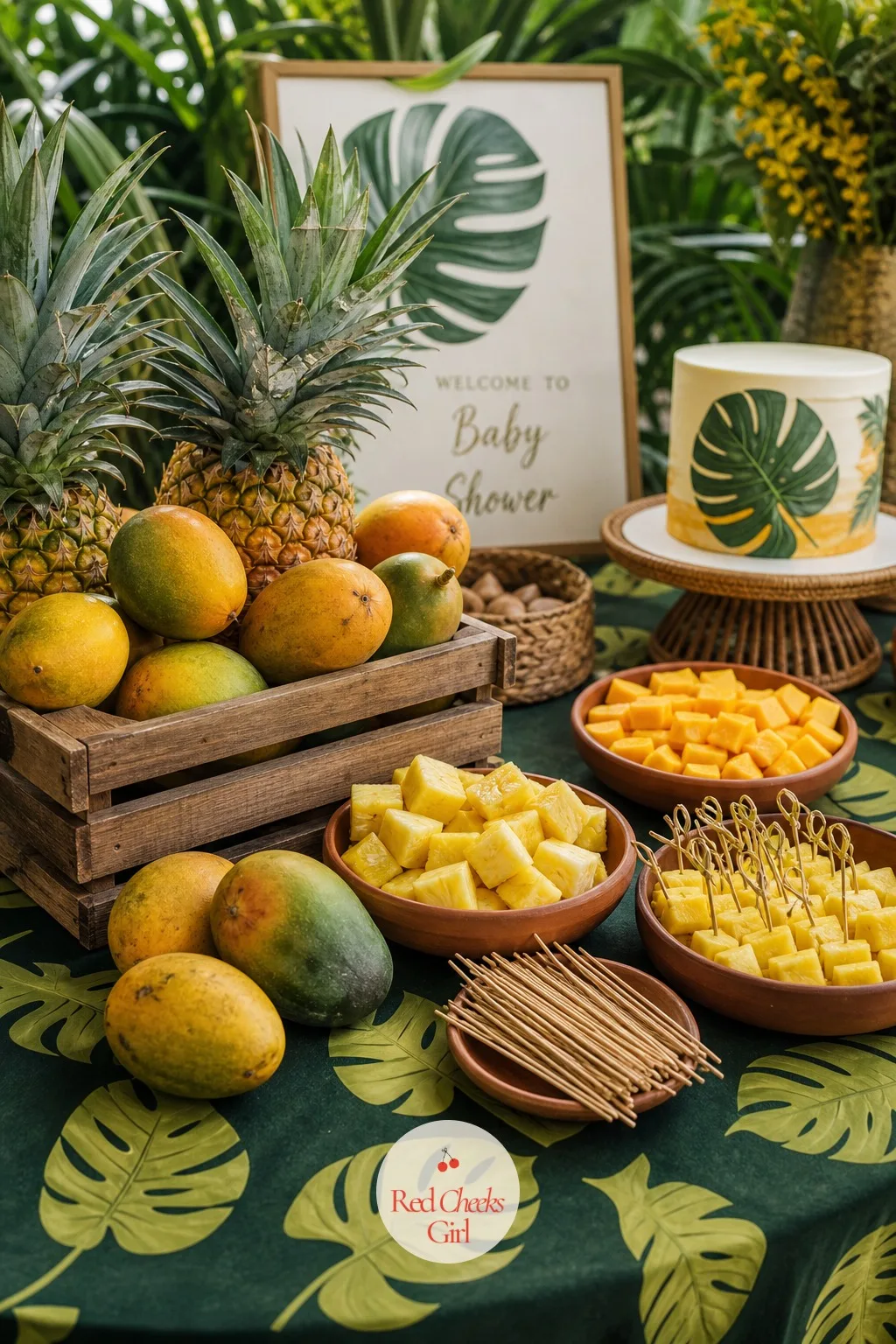 Pineapple and Mango Fruit Table — A fruit platter is fine. Jungle theme baby shower ideas