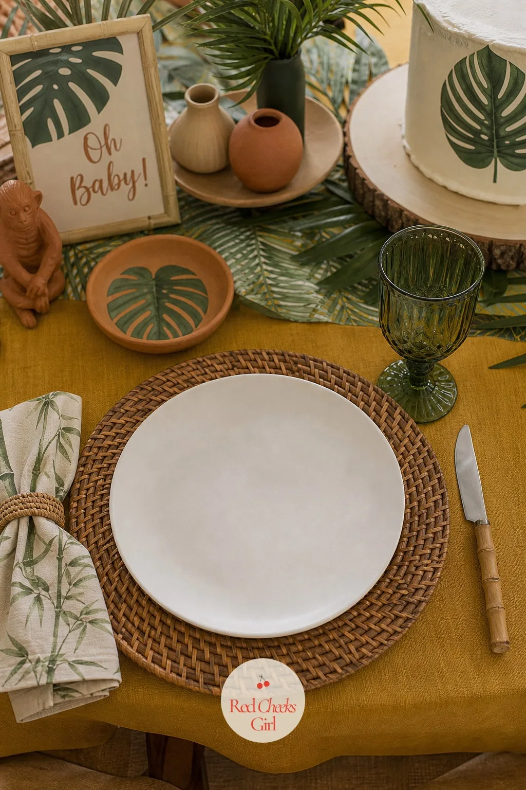 Rattan Chargers at Every Place Setting — A bare plate on a bare tablecloth looks half finished, no matter how good the food is. Jungle theme baby shower ideas