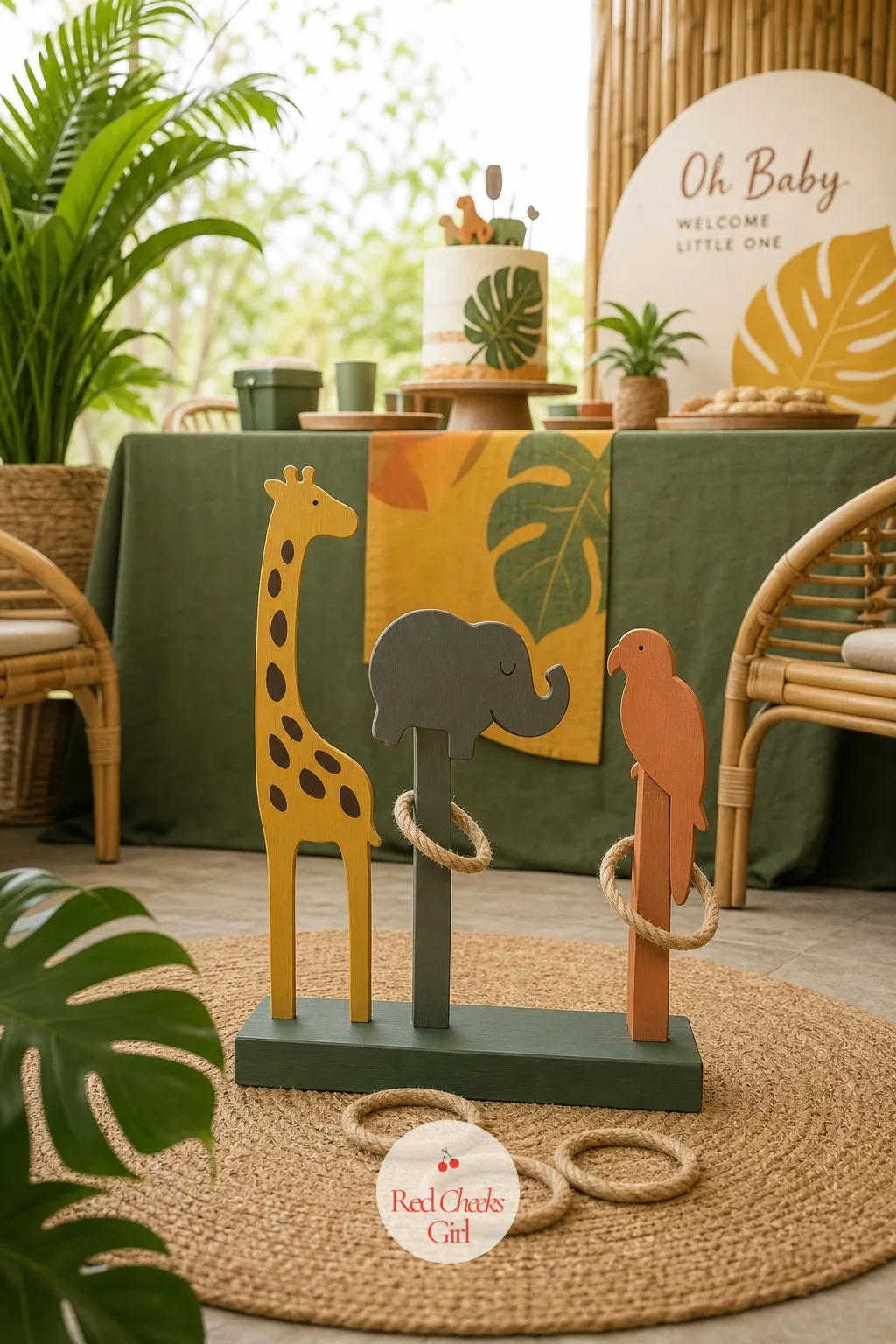 Ring Toss on Wooden Animal Stakes — A row of animal stakes standing in a base looks like a decoration until someone hands out the rings, and then it is clearly