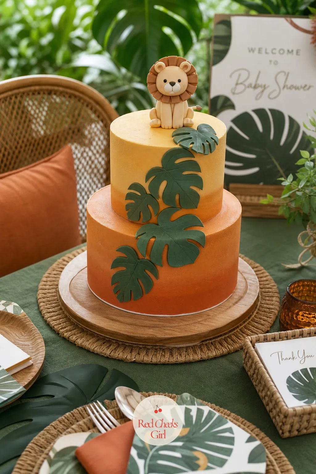 Sugar-Leaf Cake — A plain frosted cake says nothing about the room it is sitting in. Jungle theme baby shower ideas