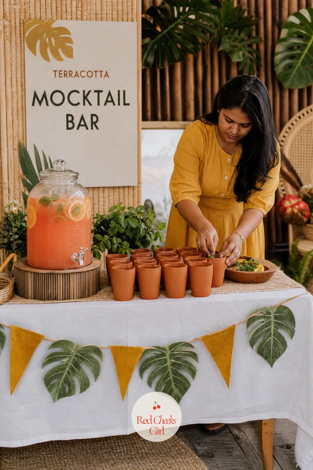 Terracotta Tumbler Mocktail Bar — A pitcher of juice on the side table does the job of hydrating people and nothing else. Jungle theme baby shower ideas