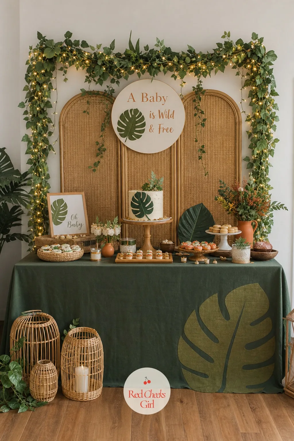 Vine-Draped Dessert Table — A dessert table with nothing above it looks like a buffet. Jungle theme baby shower ideas