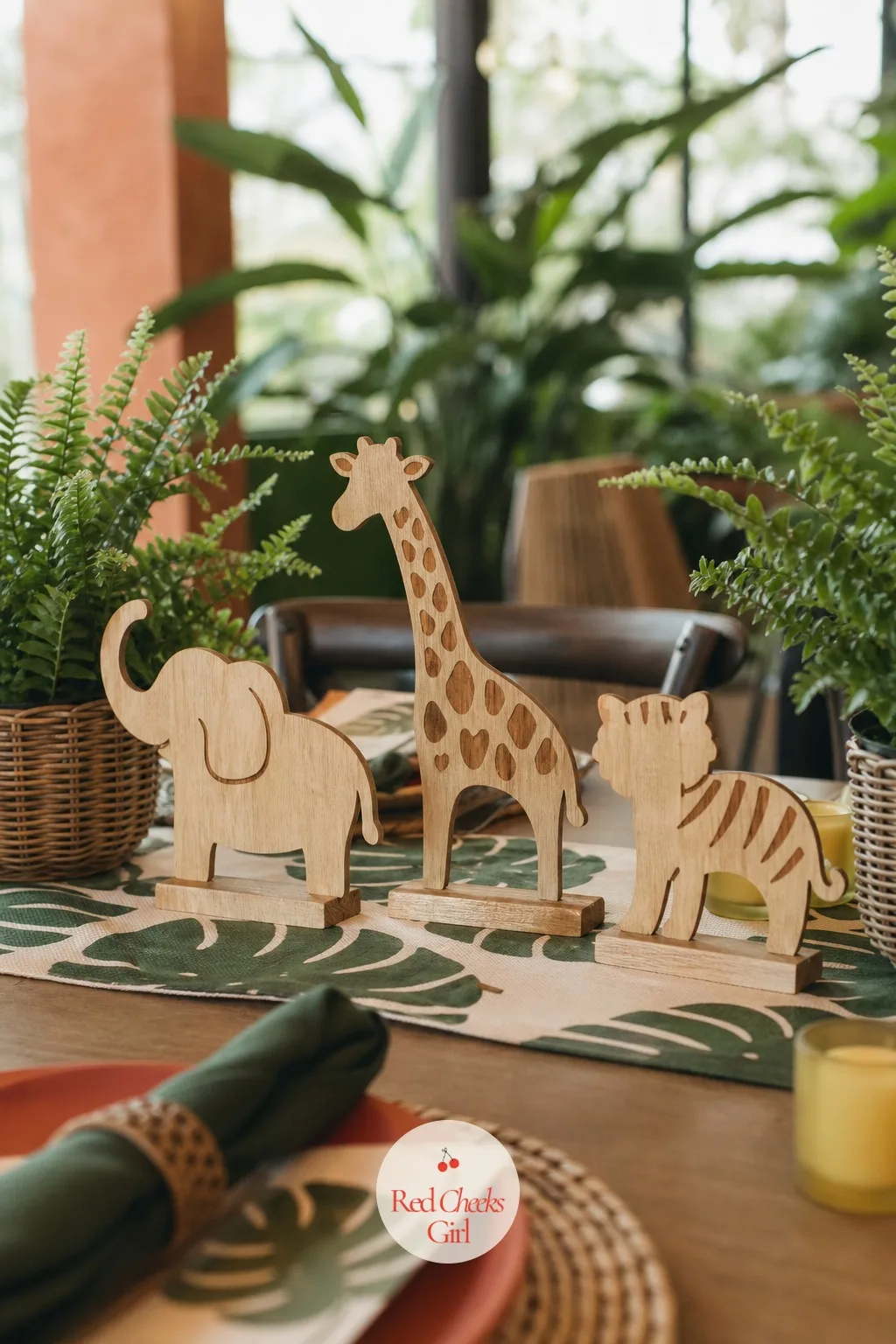 Wooden Animal Cutouts as Centerpieces — Plastic jungle animals from a party aisle look exactly like what they are. Jungle theme baby shower ideas