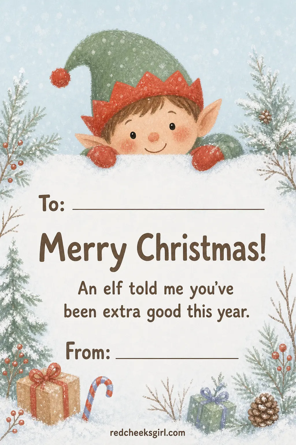 The Cheeky Elf Peek Card printable sheet — Every box of cards needs one that makes a child laugh before the crayons even come out. Kids christmas cards